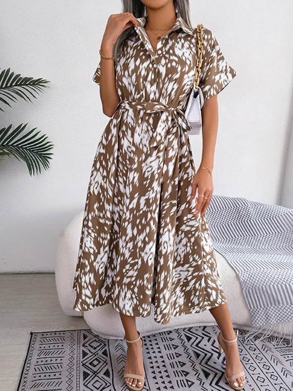 Loose Short Sleeves Leopard Ribbed Lapel Midi Dresses