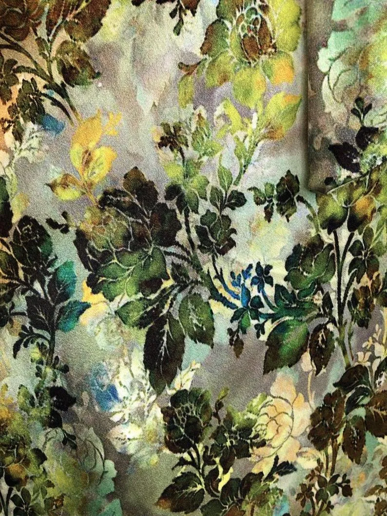 Luxurious 100% Italian Silk Satin Stretch Moss Green Print Dress Side Pockets Separate Belt Raglan Sleeves UK Size 8 - 10 by I LOVE LOLA