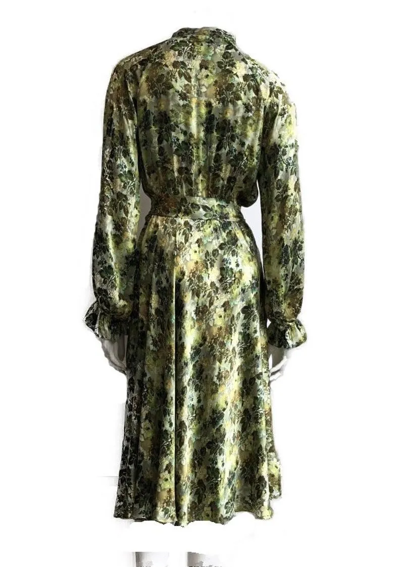 Luxurious 100% Italian Silk Satin Stretch Moss Green Print Dress Side Pockets Separate Belt Raglan Sleeves UK Size 8 - 10 by I LOVE LOLA