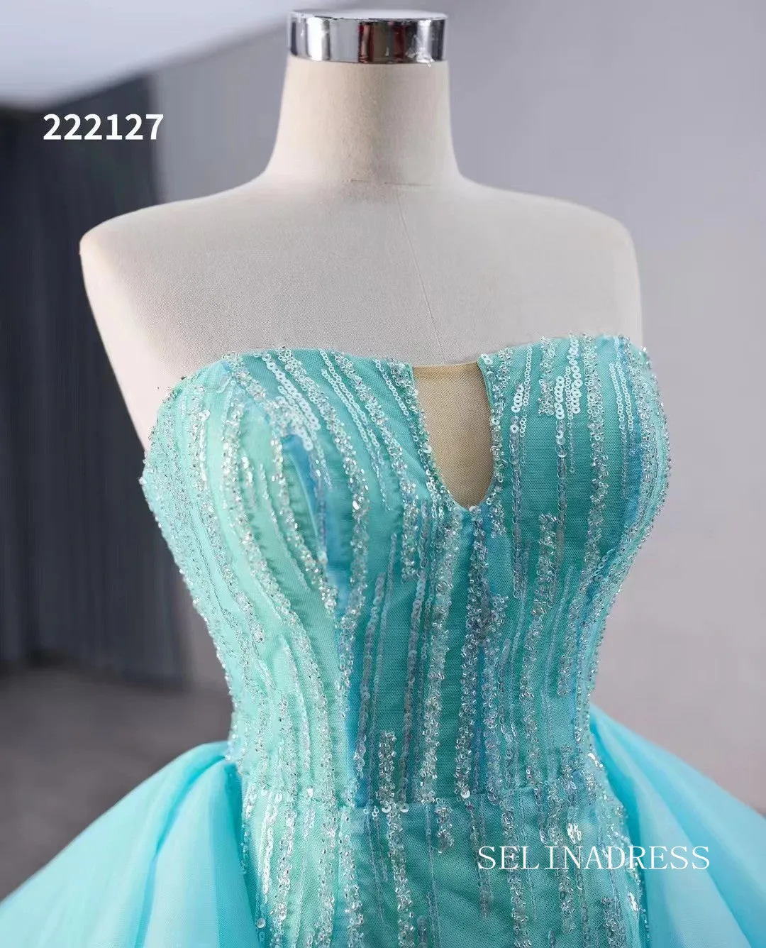 luxury Aqua Blue Beaded Wedding Dresses With Overskirt Strapless Formal Gown 222127