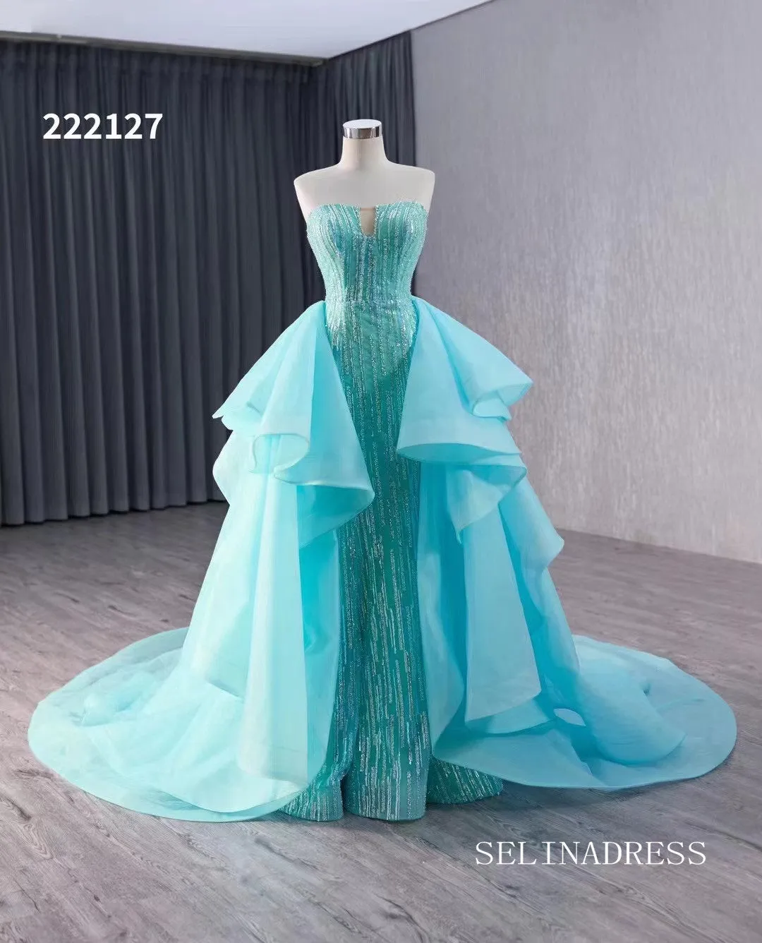 luxury Aqua Blue Beaded Wedding Dresses With Overskirt Strapless Formal Gown 222127
