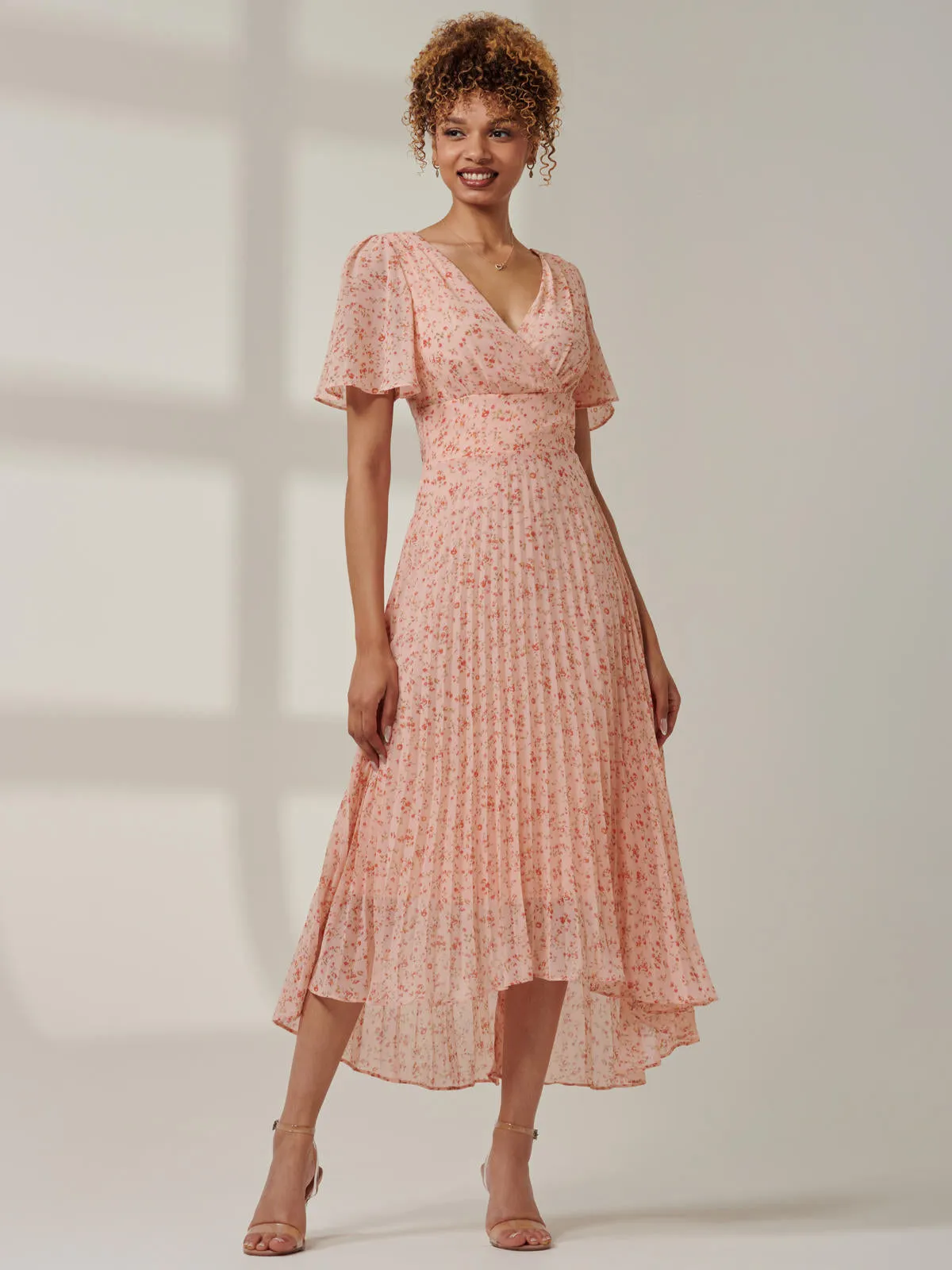 Meagan V-Neck Chiffon Maxi Dress, Pink Ditsy