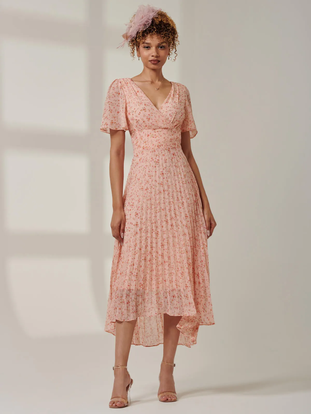 Meagan V-Neck Chiffon Maxi Dress, Pink Ditsy