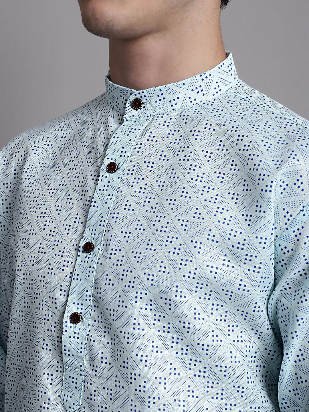 Men'S Sky Blue Printed Pure Cotton Kurta