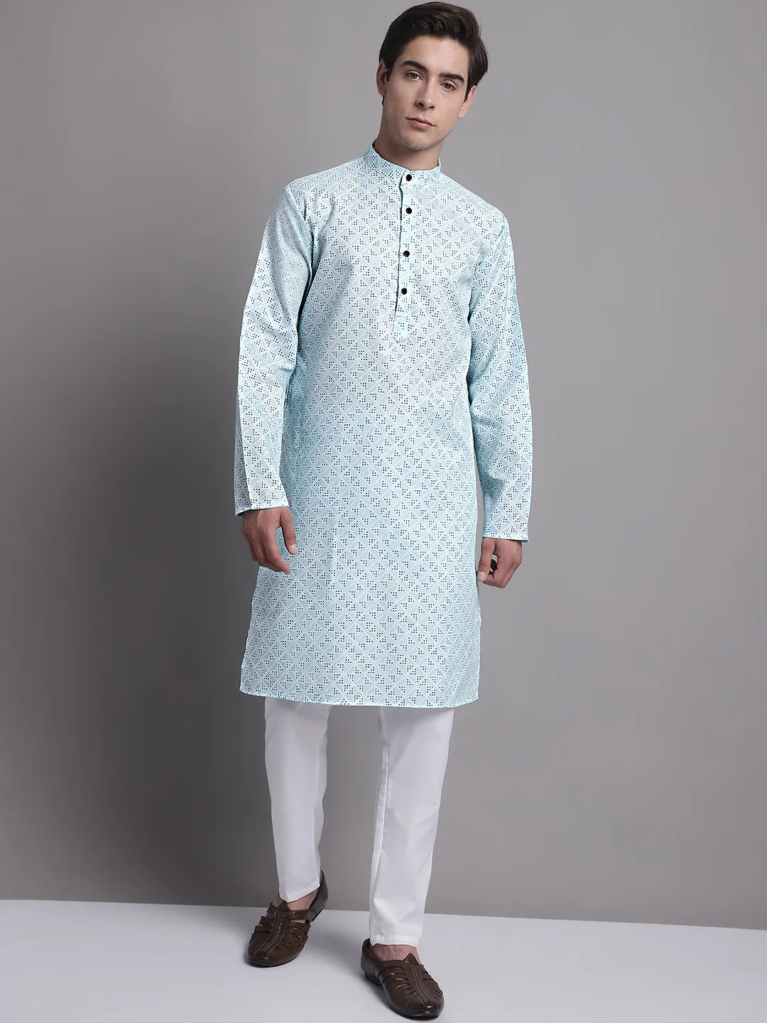 Men'S Sky Blue Printed Pure Cotton Kurta