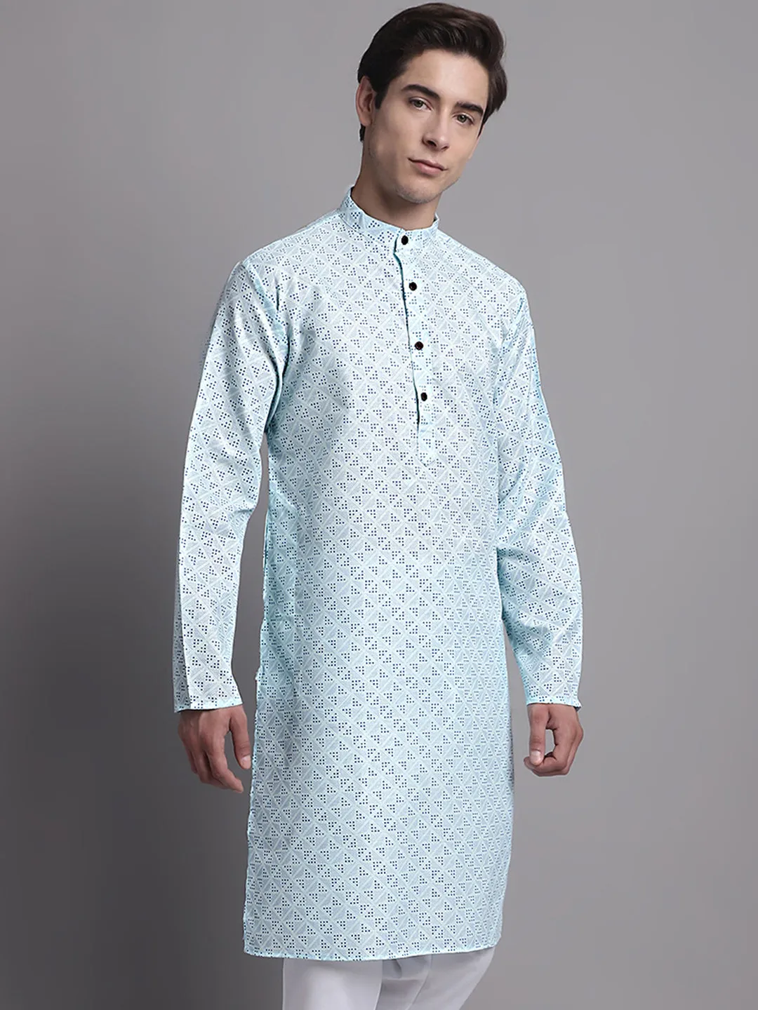 Men'S Sky Blue Printed Pure Cotton Kurta
