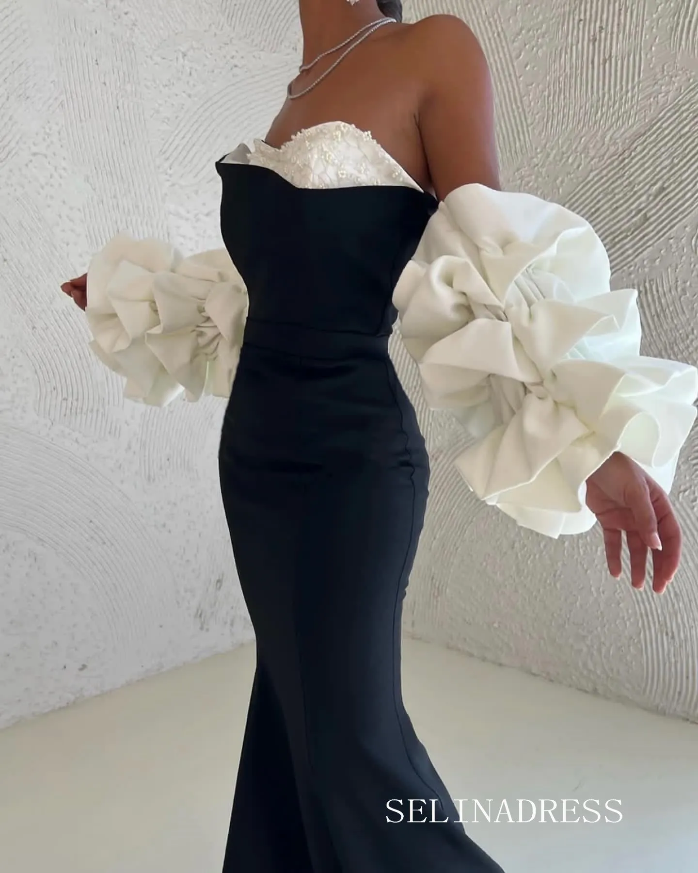 Mermaid Black White Satin Long Prom Dress Evening Dress lpk917