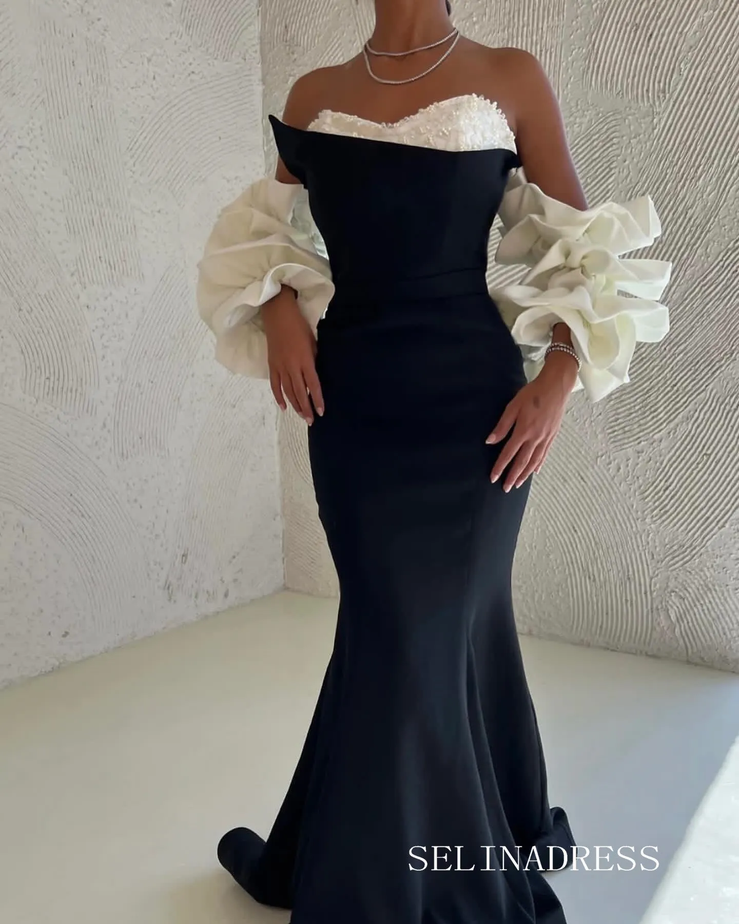 Mermaid Black White Satin Long Prom Dress Evening Dress lpk917