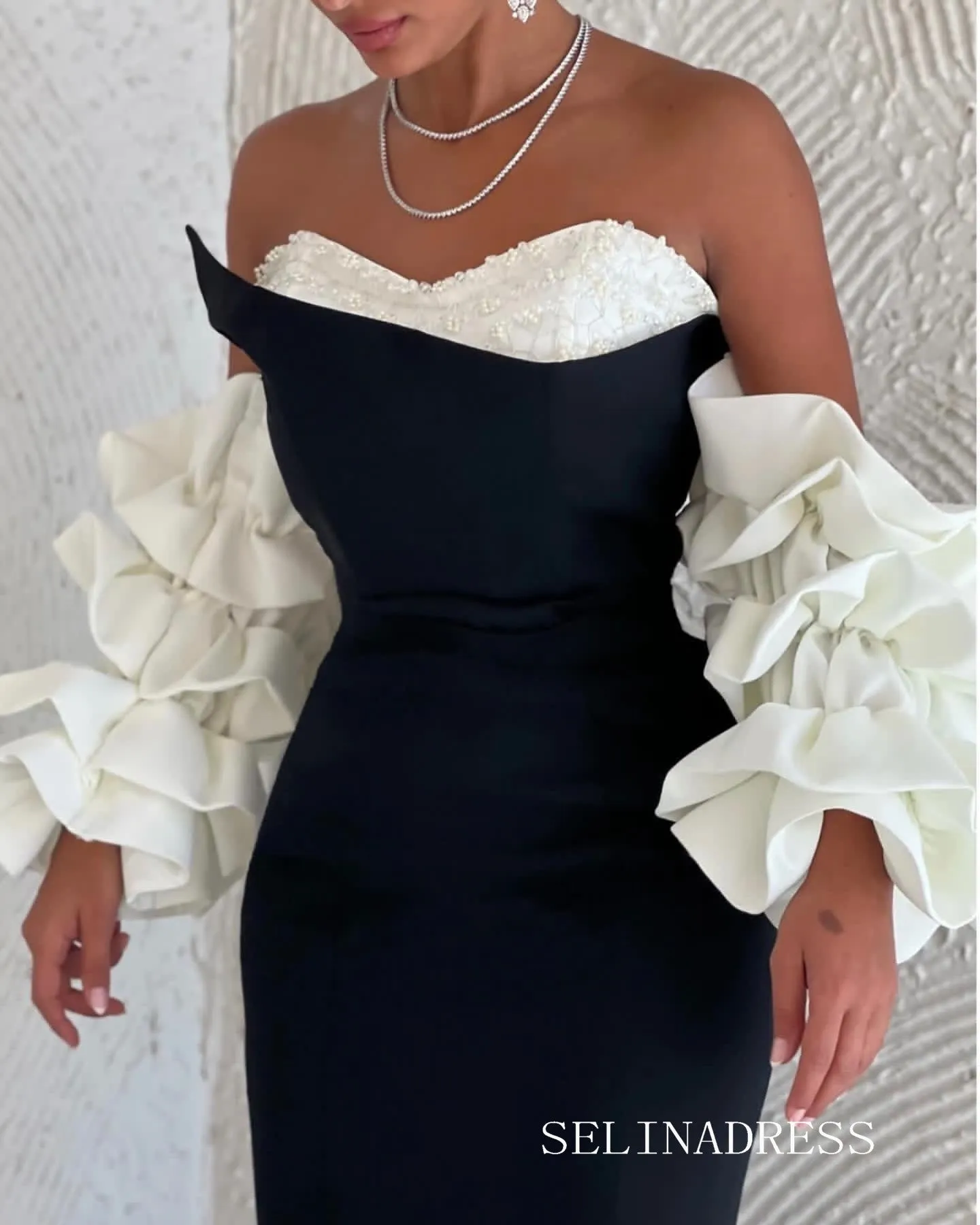 Mermaid Black White Satin Long Prom Dress Evening Dress lpk917