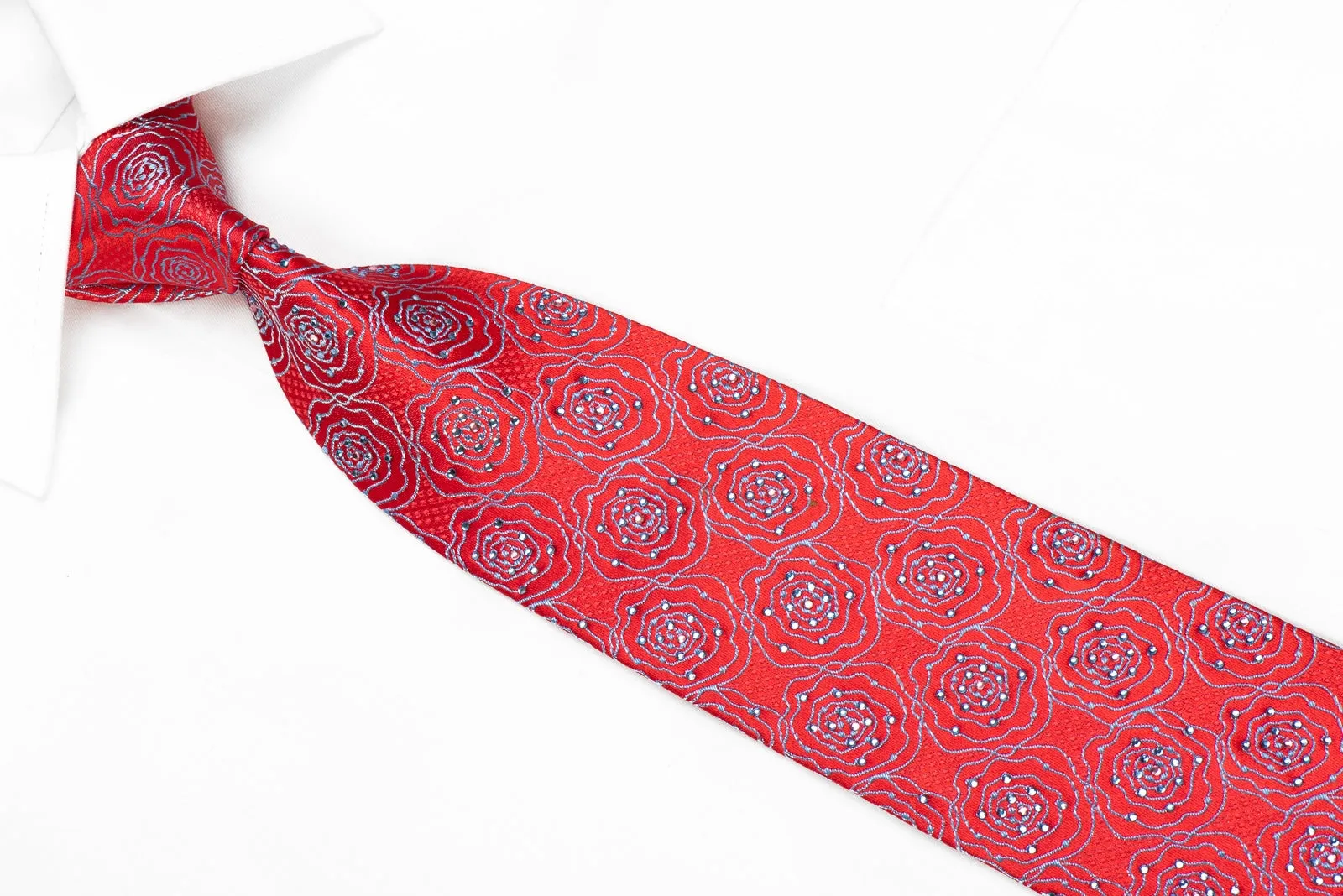 Metro City Men's Crystal Silk Necktie Blue Floral On Pink Sparkling With Rhinestones