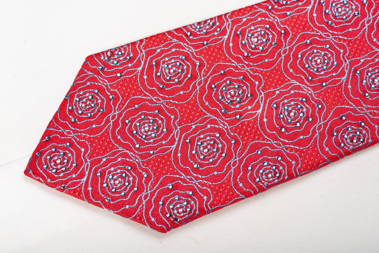 Metro City Men's Crystal Silk Necktie Blue Floral On Pink Sparkling With Rhinestones