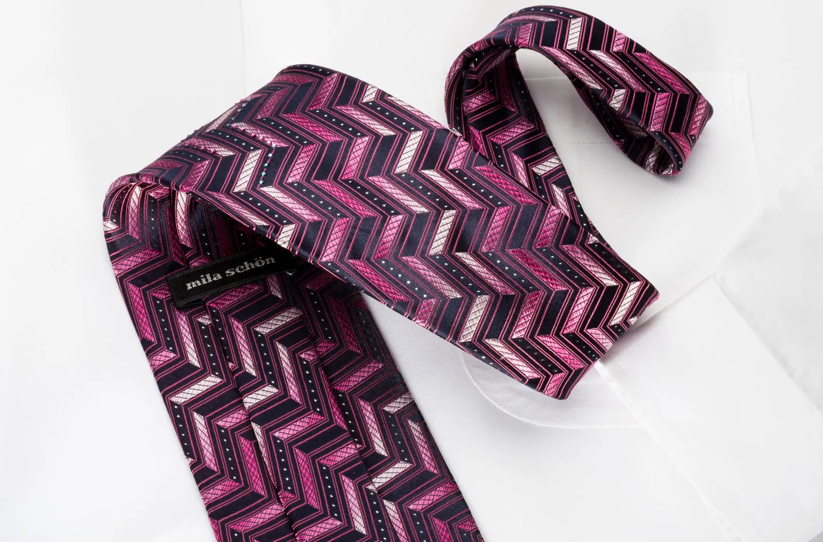 Mila Schon Rhinestone Silk Necktie Purple Chevron With Sparkles