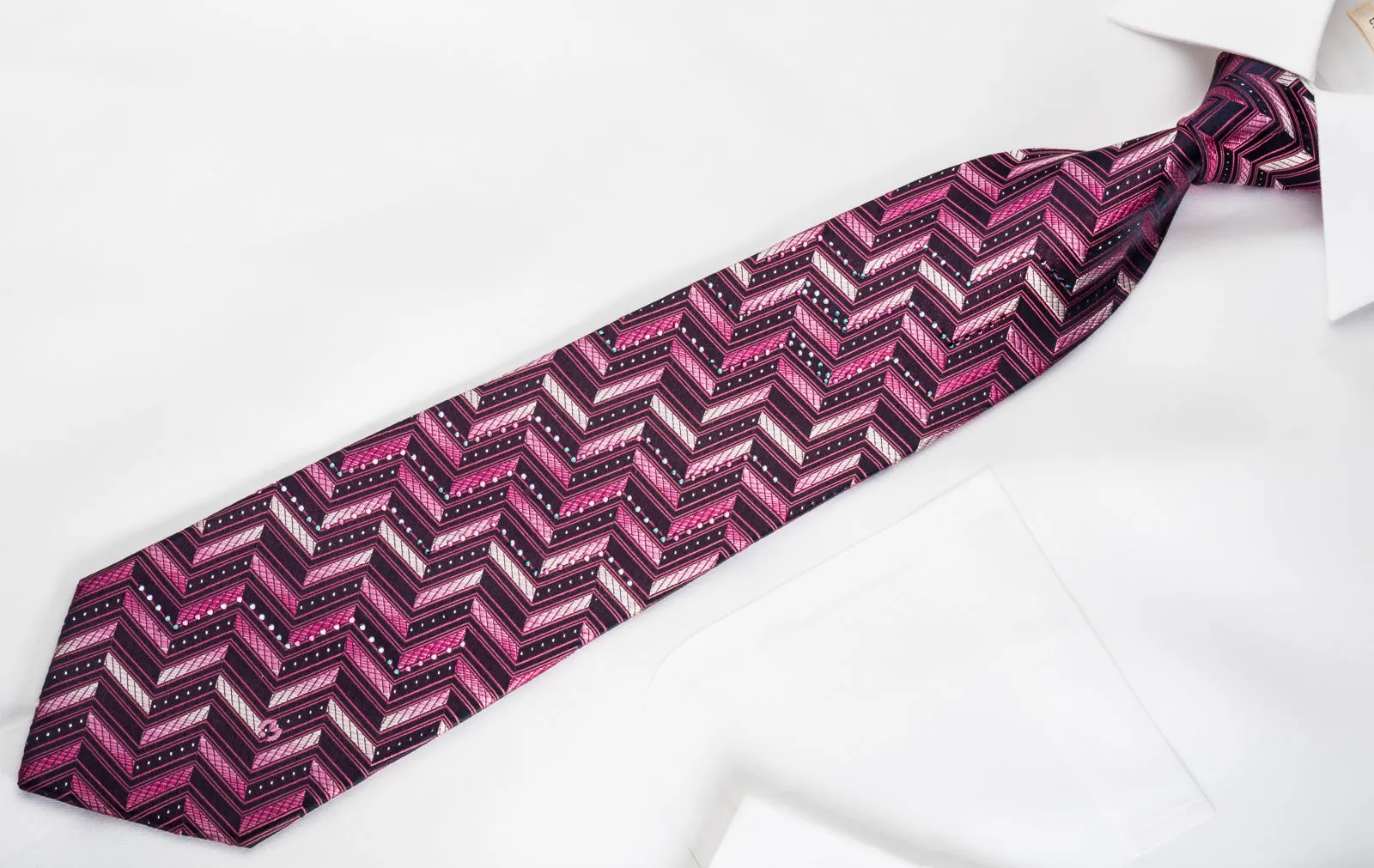 Mila Schon Rhinestone Silk Necktie Purple Chevron With Sparkles