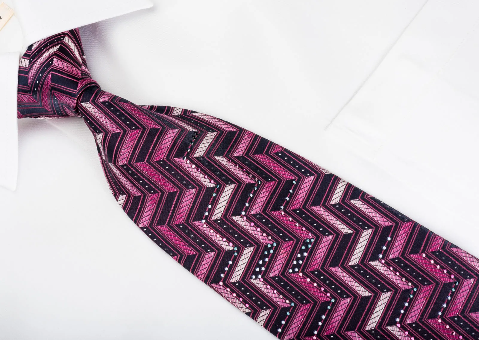 Mila Schon Rhinestone Silk Necktie Purple Chevron With Sparkles