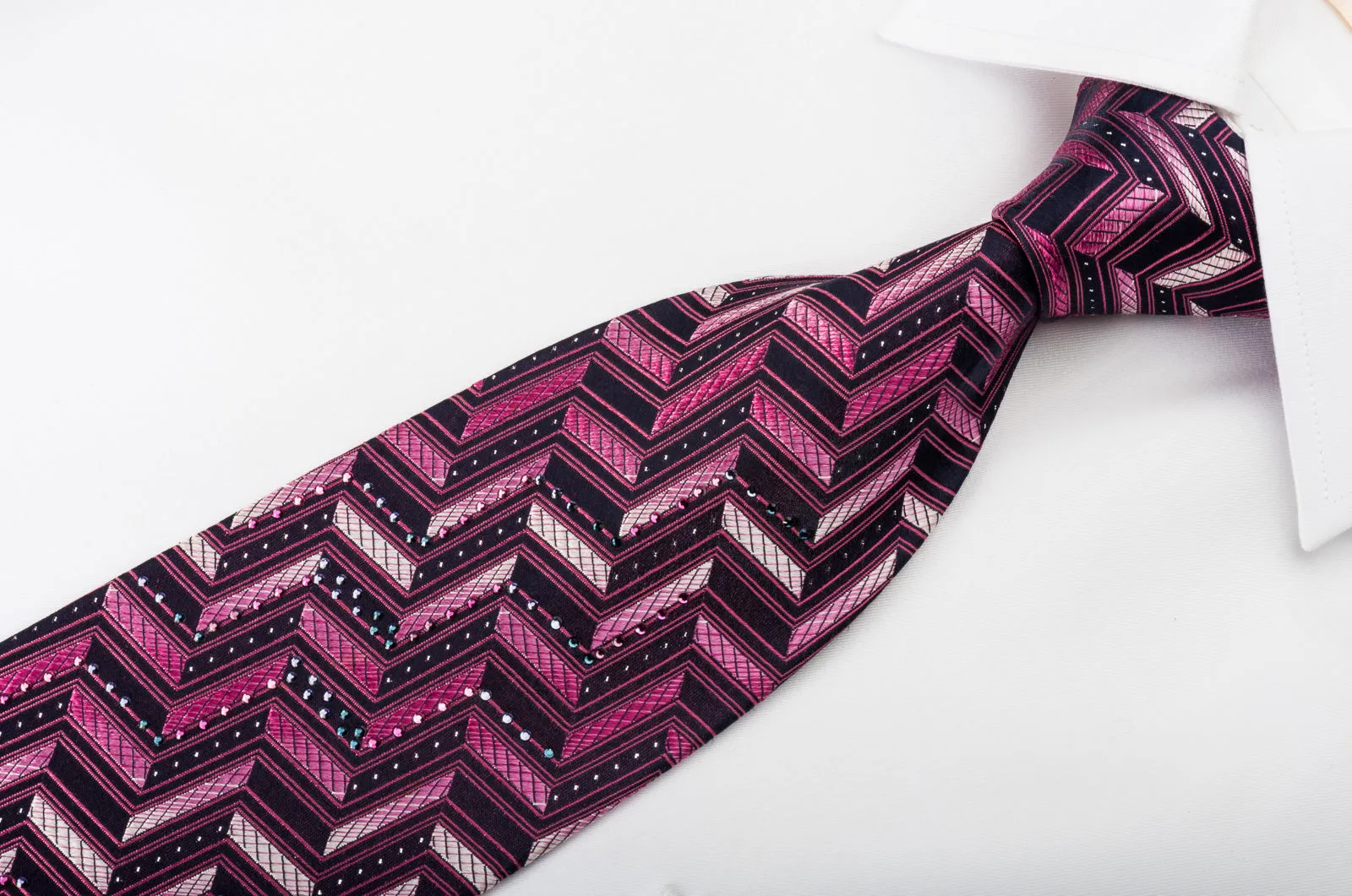 Mila Schon Rhinestone Silk Necktie Purple Chevron With Sparkles