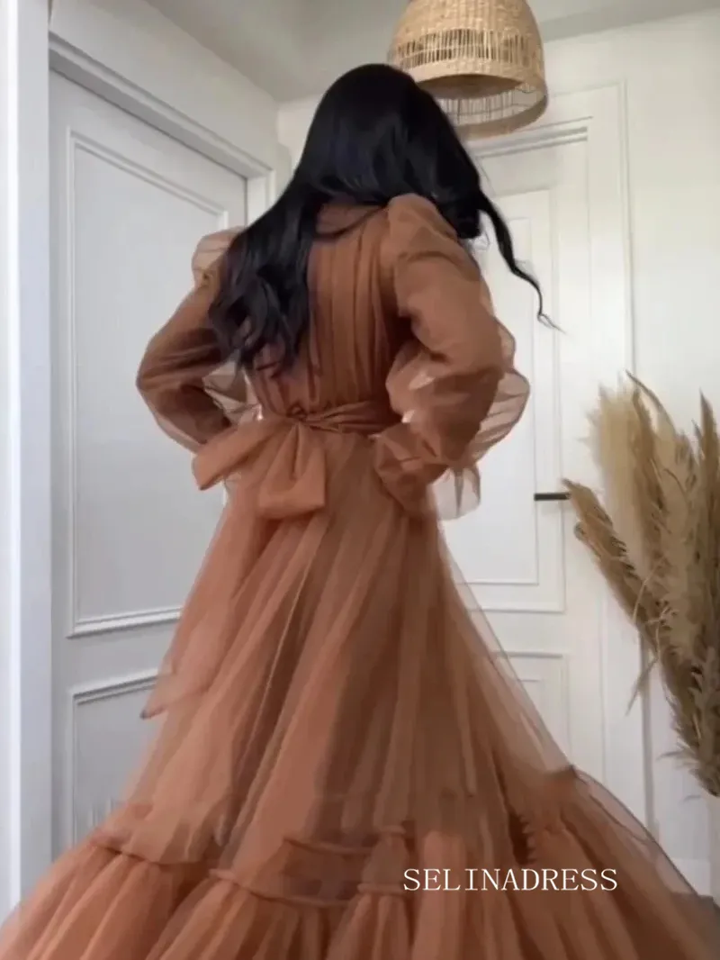 Modest Saudi Arabia Prom Dresses Ankle Length Tulle Puffy Long Sleeves Women Formal Evening Party Gowns SEW03592