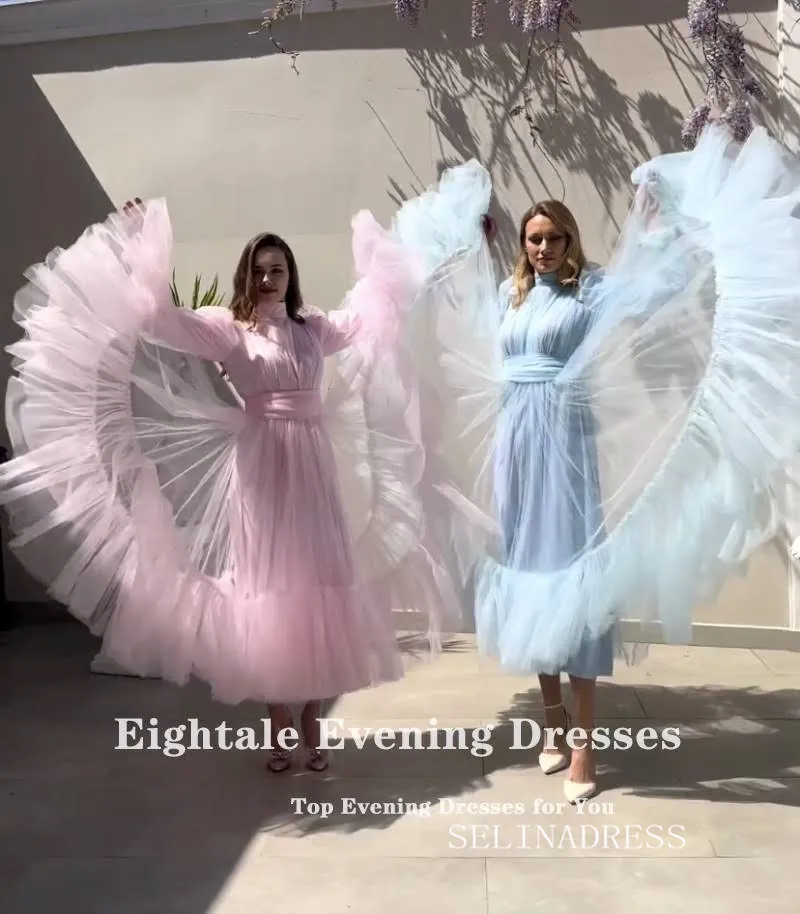 Modest Saudi Arabia Prom Dresses Ankle Length Tulle Puffy Long Sleeves Women Formal Evening Party Gowns SEW03592