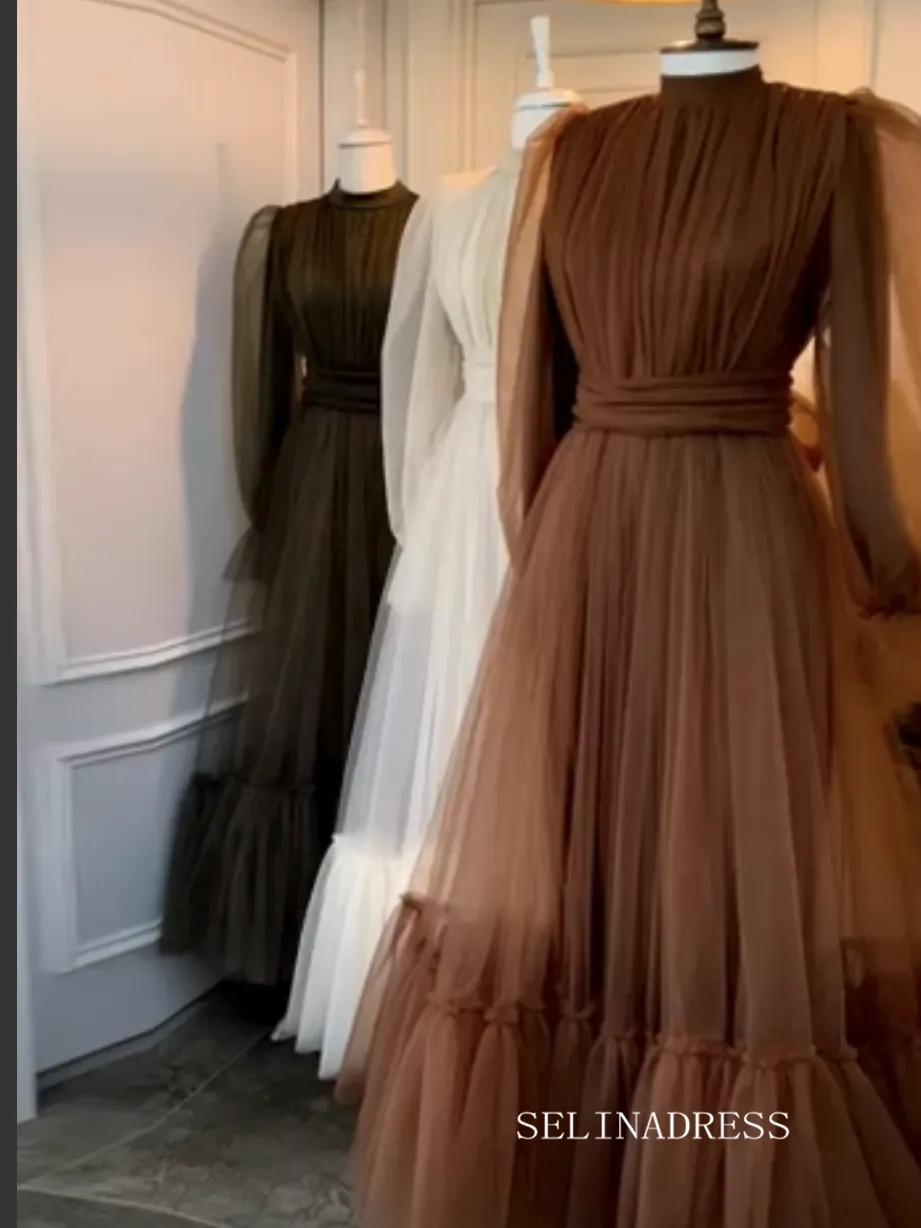 Modest Saudi Arabia Prom Dresses Ankle Length Tulle Puffy Long Sleeves Women Formal Evening Party Gowns SEW03592