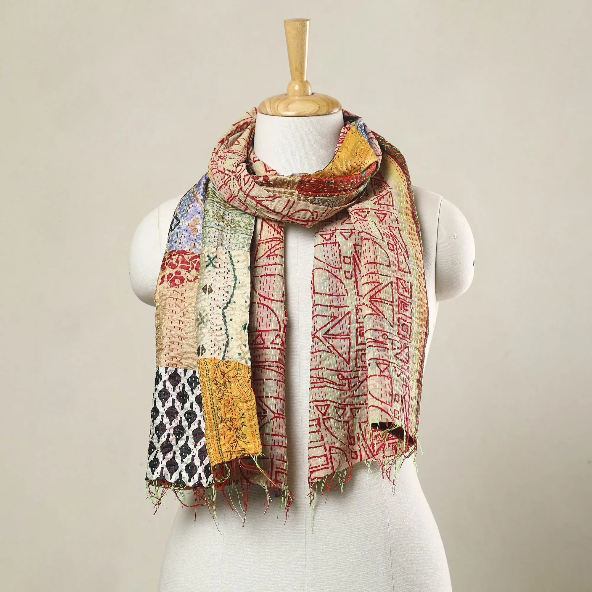 Multicolor - Bengal Kantha Embroidery Patchwork Reversible Silk Stole 18