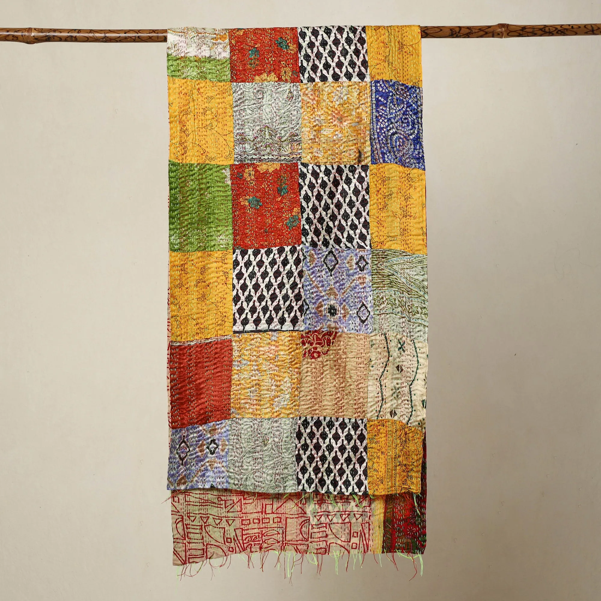 Multicolor - Bengal Kantha Embroidery Patchwork Reversible Silk Stole 18