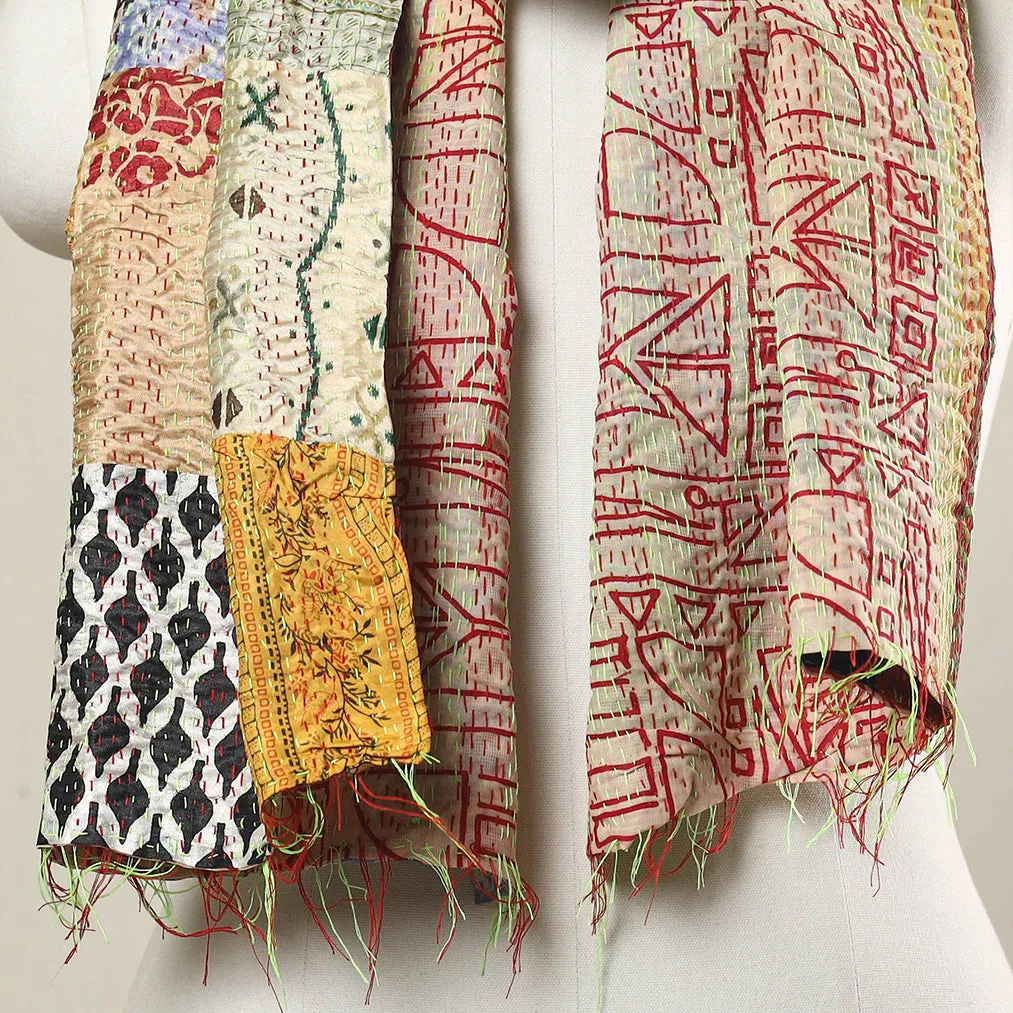 Multicolor - Bengal Kantha Embroidery Patchwork Reversible Silk Stole 18