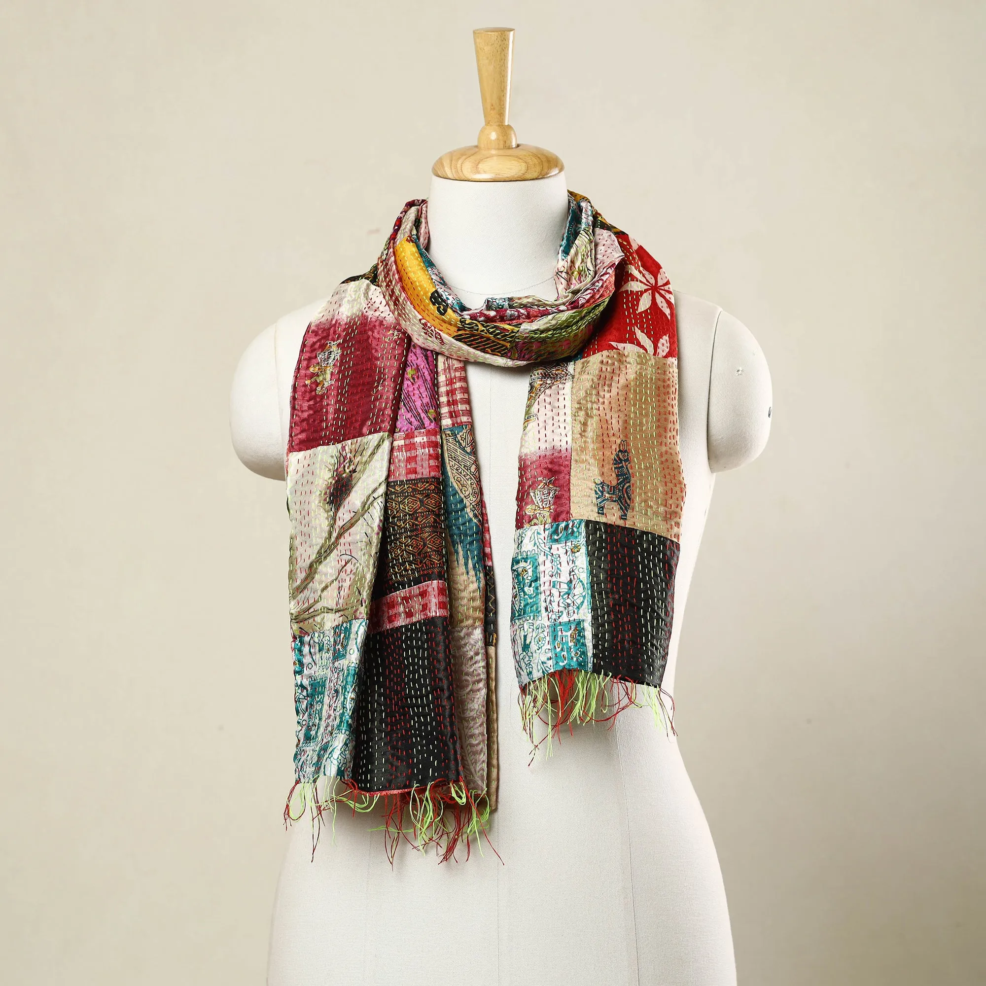 Multicolor - Bengal Kantha Embroidery Patchwork Reversible Silk Stole 67