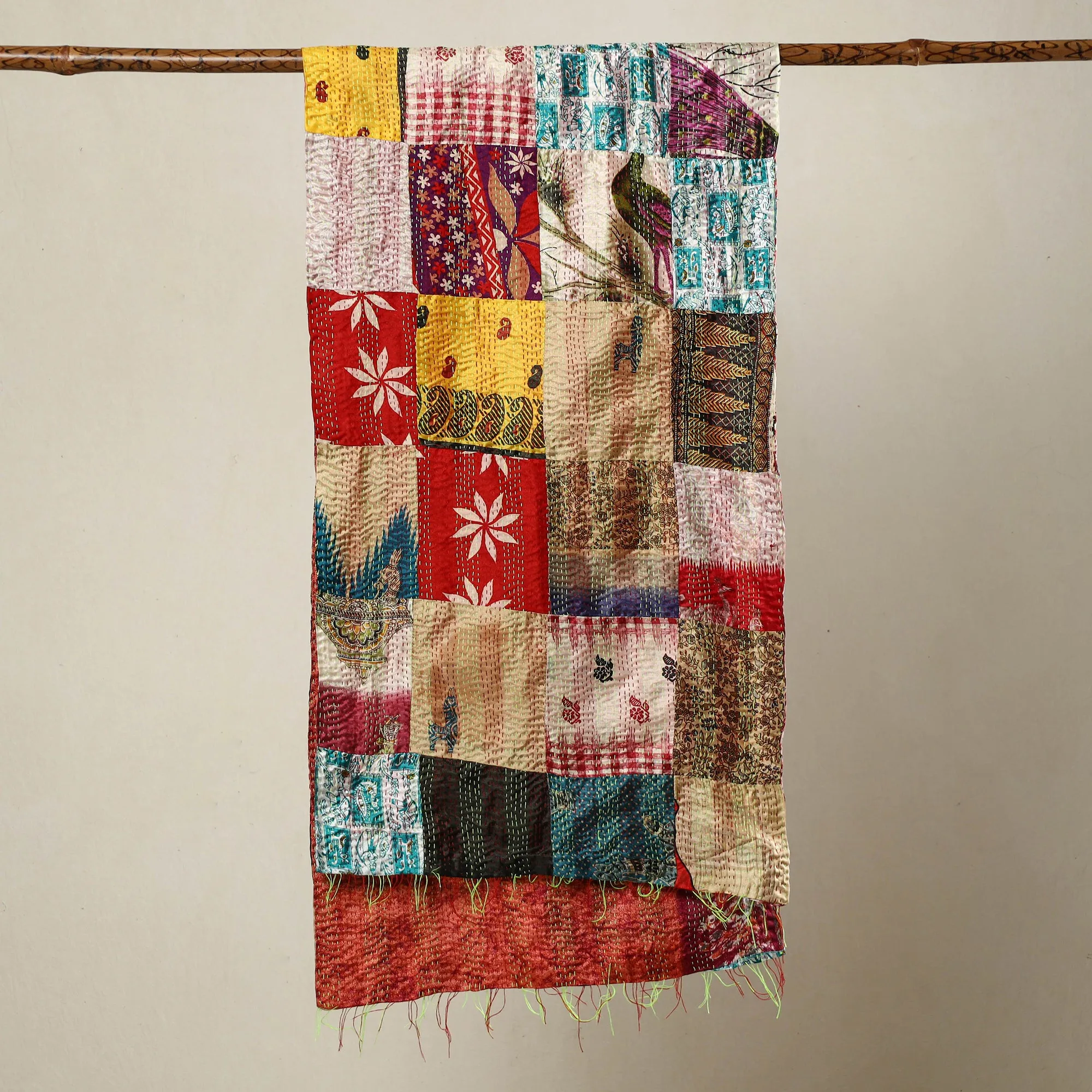 Multicolor - Bengal Kantha Embroidery Patchwork Reversible Silk Stole 67