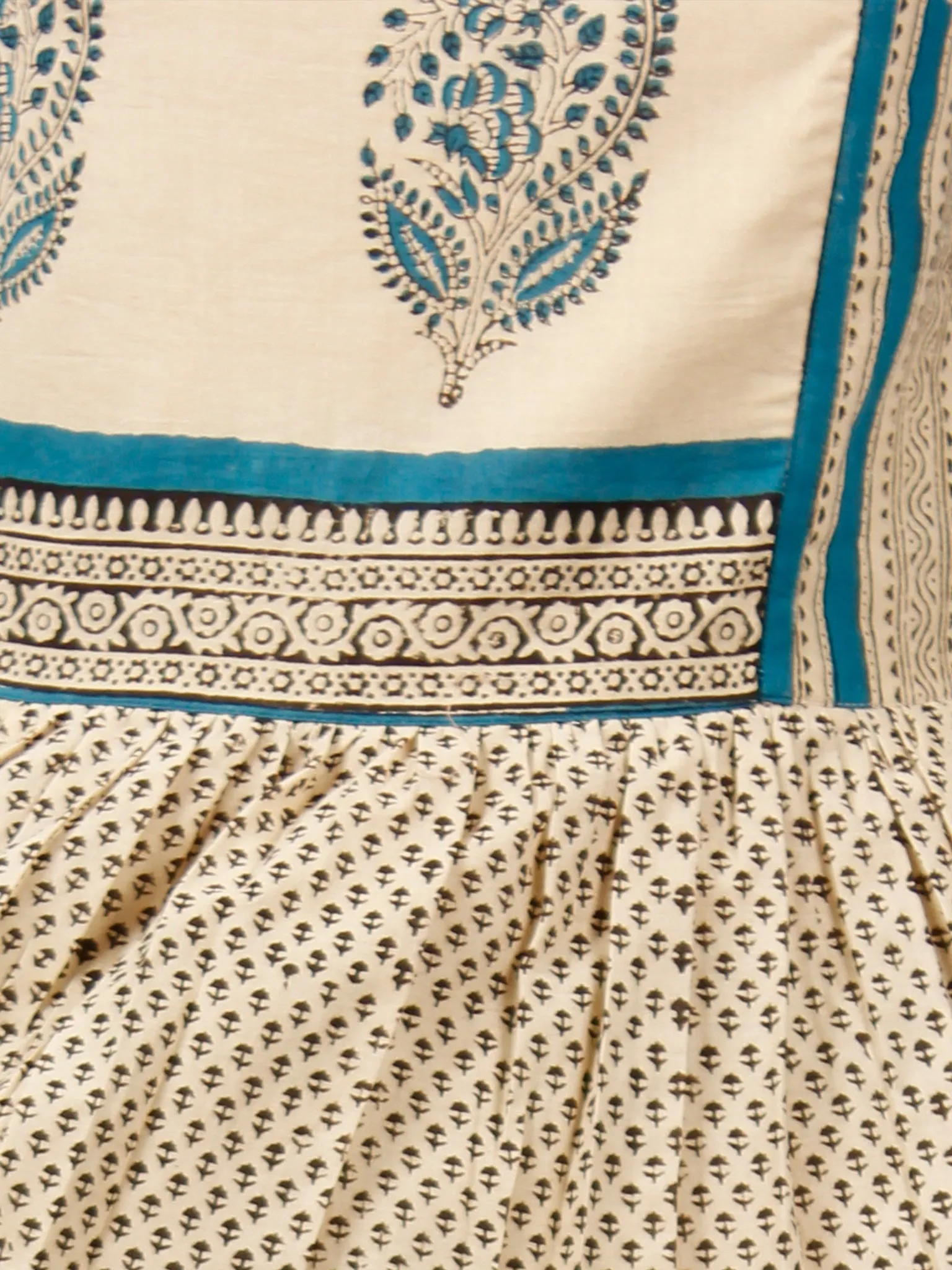 Naaz Beige Black Teal Blue Hand Block Printed Long Cotton Tier Dress With Gathers -  DS51F001