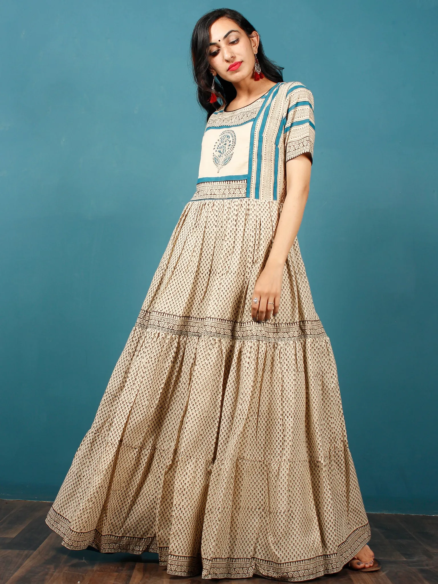 Naaz Beige Black Teal Blue Hand Block Printed Long Cotton Tier Dress With Gathers -  DS51F001
