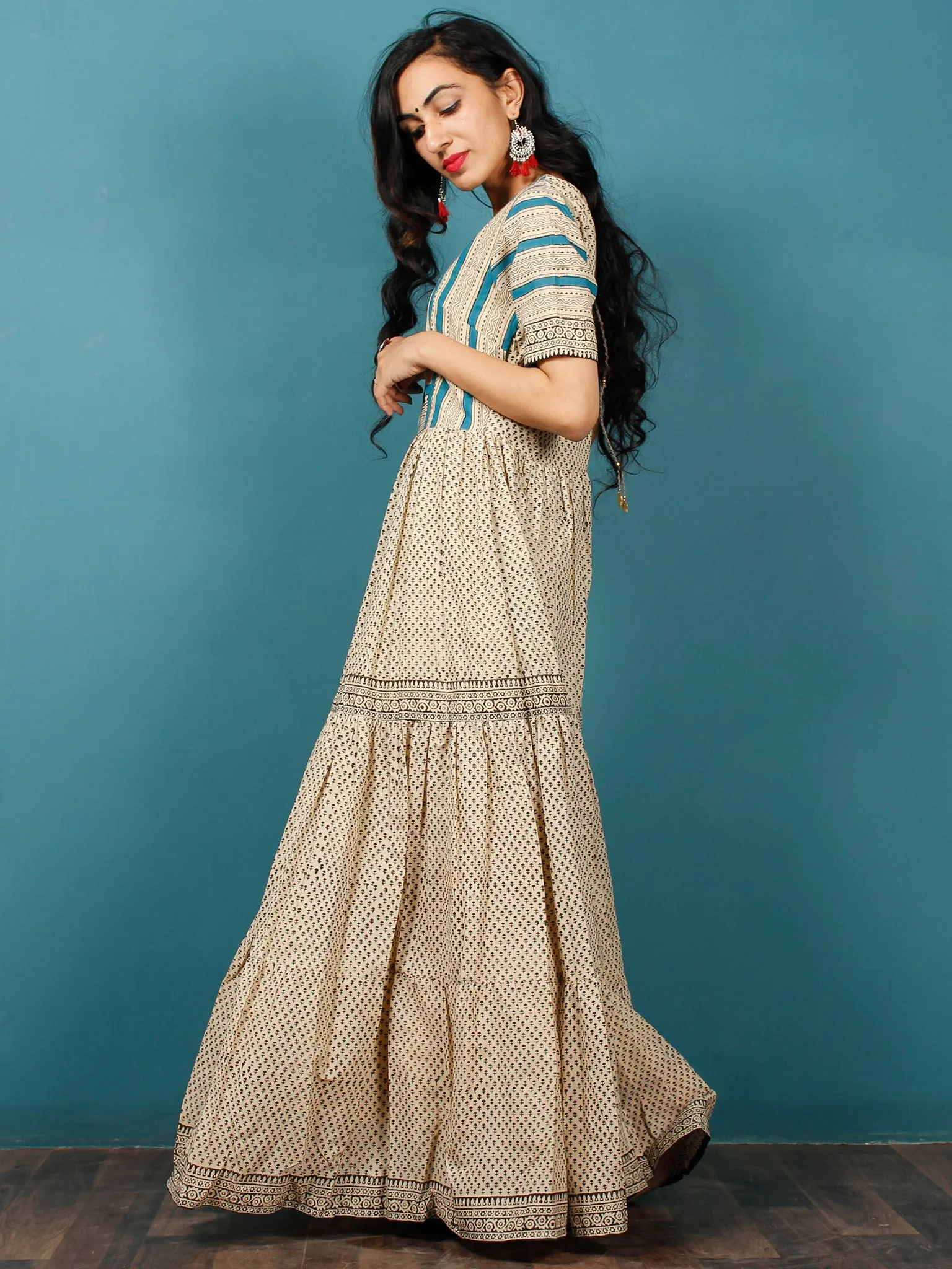 Naaz Beige Black Teal Blue Hand Block Printed Long Cotton Tier Dress With Gathers -  DS51F001