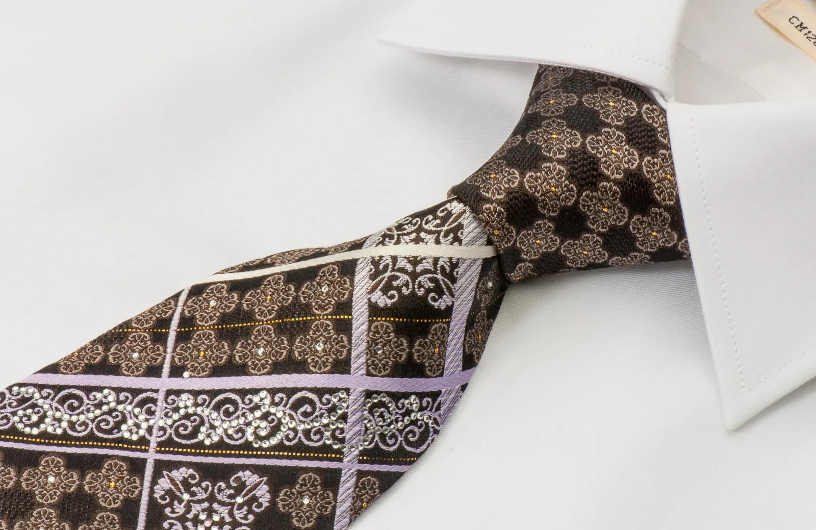 Nicole St Giles Men's Rhinestone Silk Tie Silver Stripes & Damask On Brown With Silver Sparkles