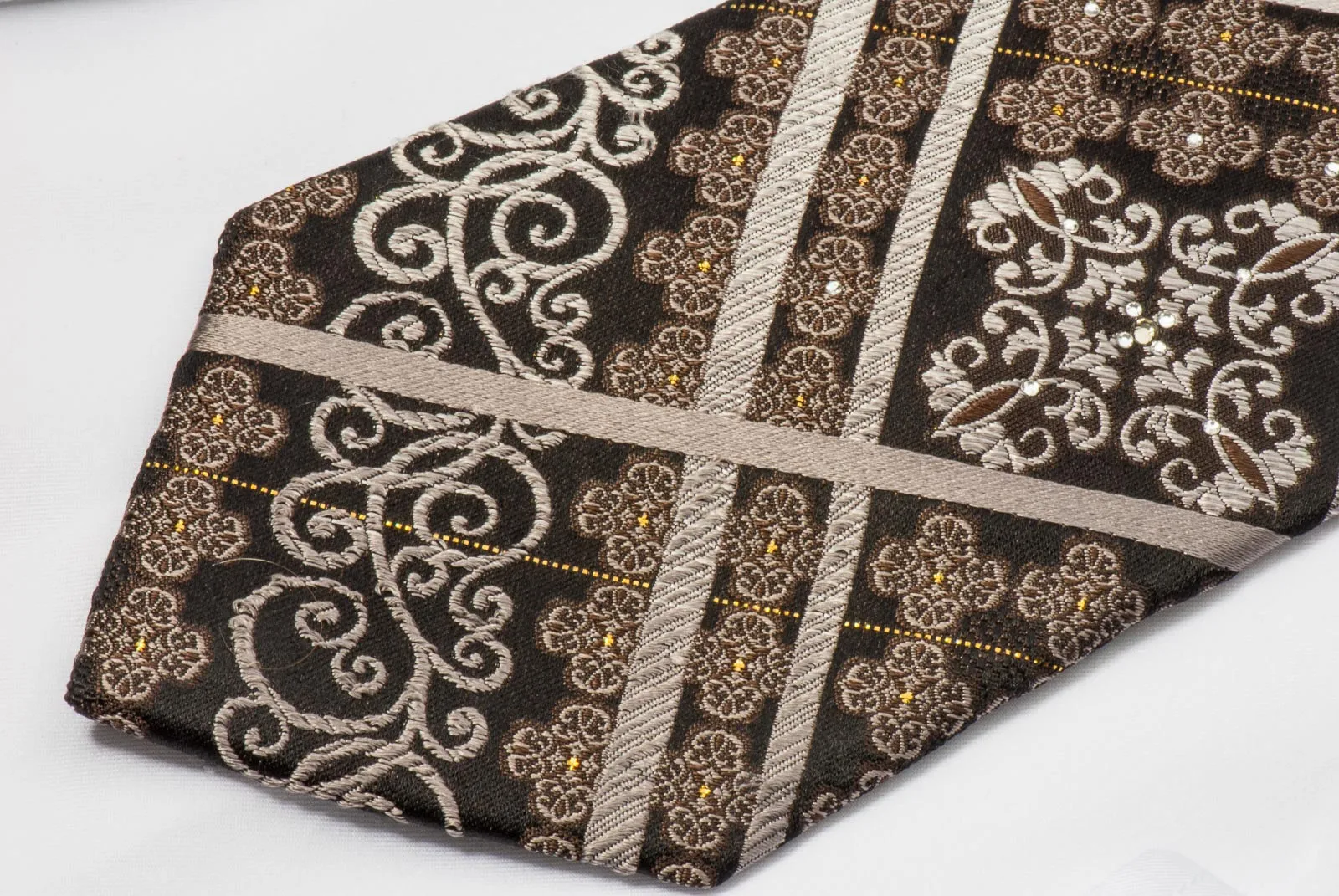 Nicole St Giles Men's Rhinestone Silk Tie Silver Stripes & Damask On Brown With Silver Sparkles