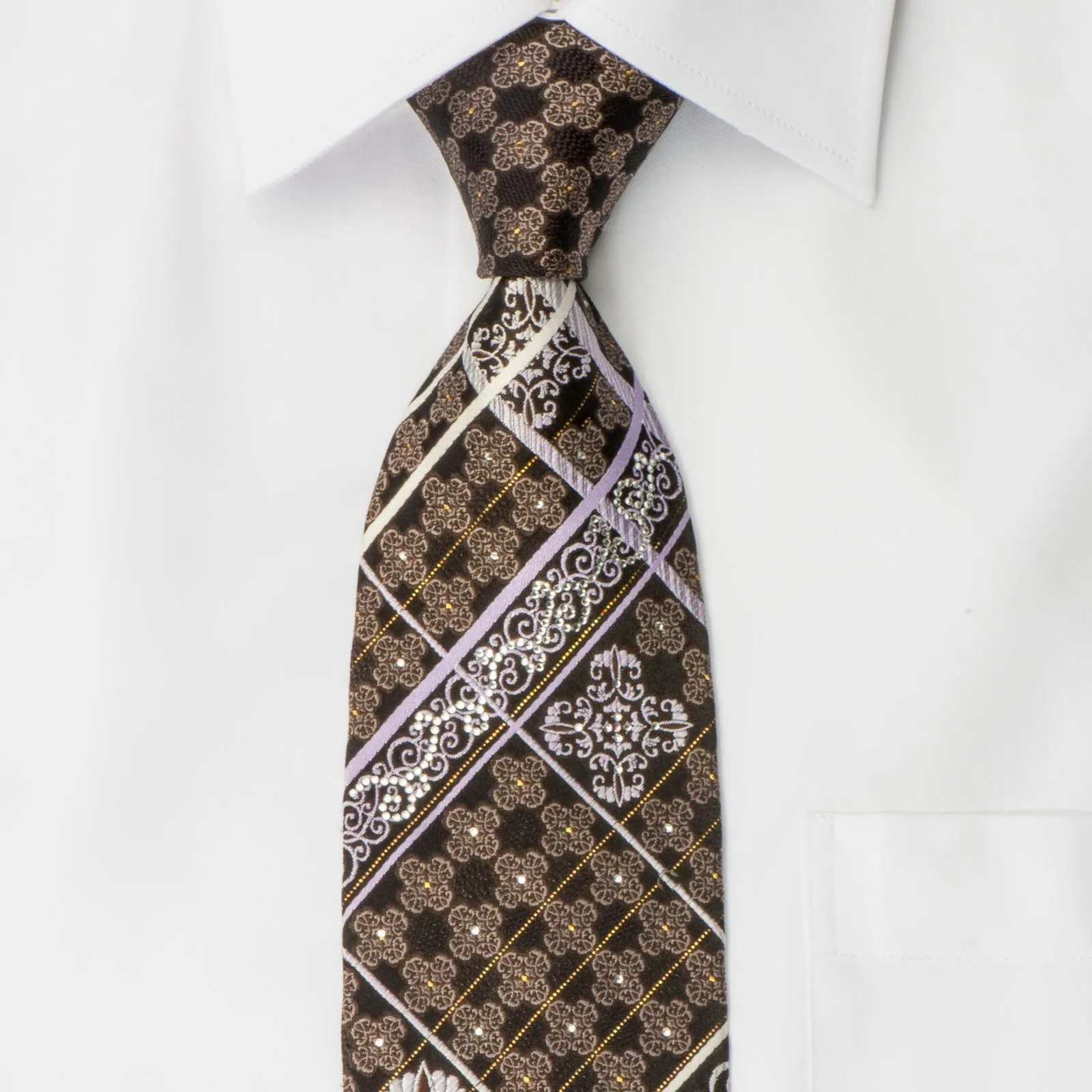 Nicole St Giles Men's Rhinestone Silk Tie Silver Stripes & Damask On Brown With Silver Sparkles