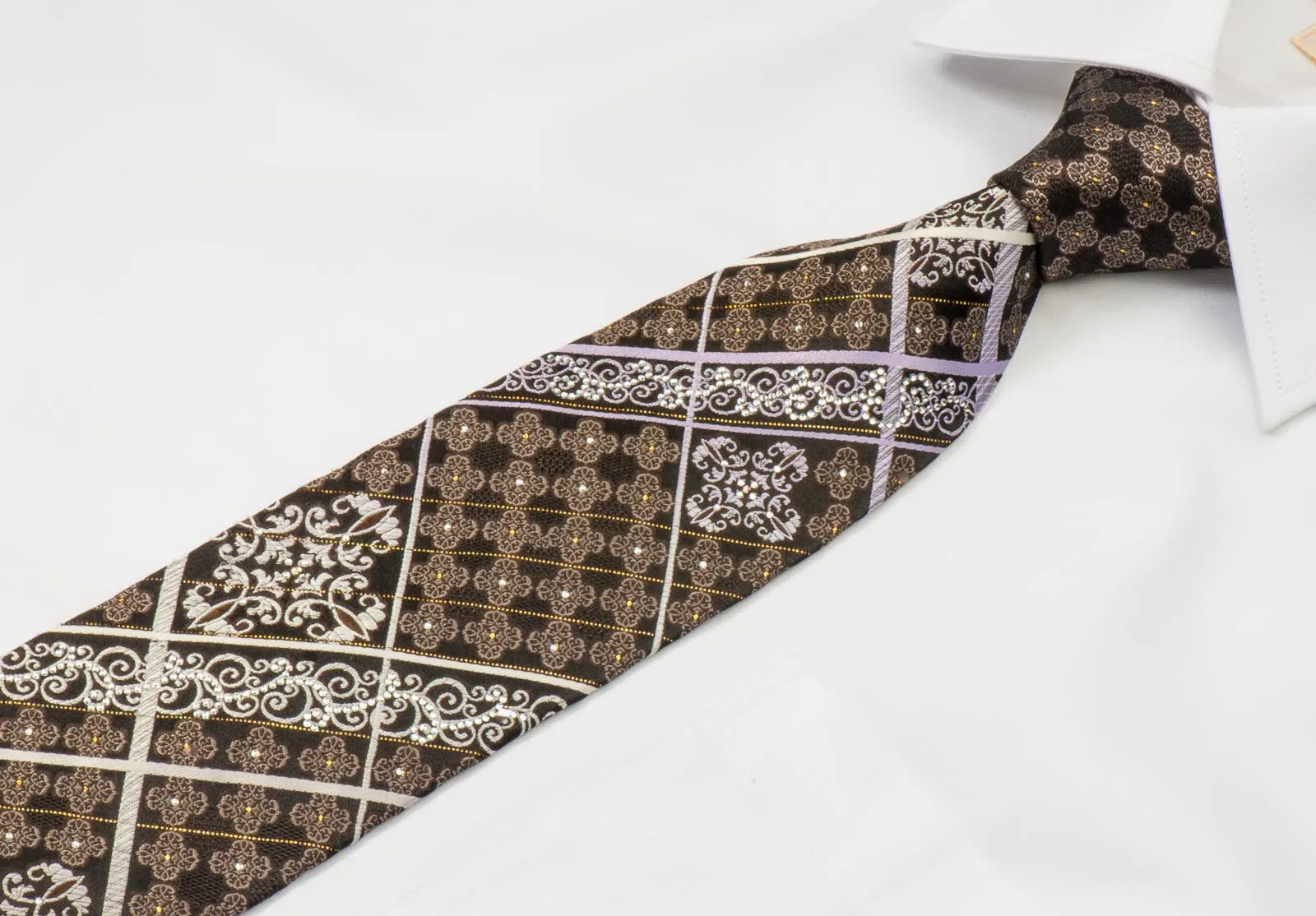 Nicole St Giles Men's Rhinestone Silk Tie Silver Stripes & Damask On Brown With Silver Sparkles