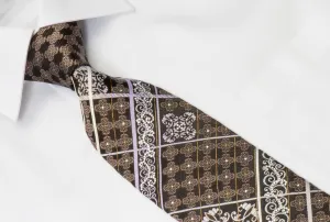 Nicole St Giles Men's Rhinestone Silk Tie Silver Stripes & Damask On Brown With Silver Sparkles