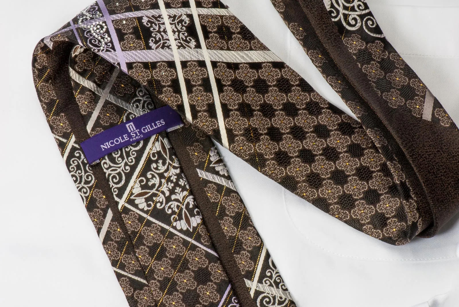 Nicole St Giles Men's Rhinestone Silk Tie Silver Stripes & Damask On Brown With Silver Sparkles