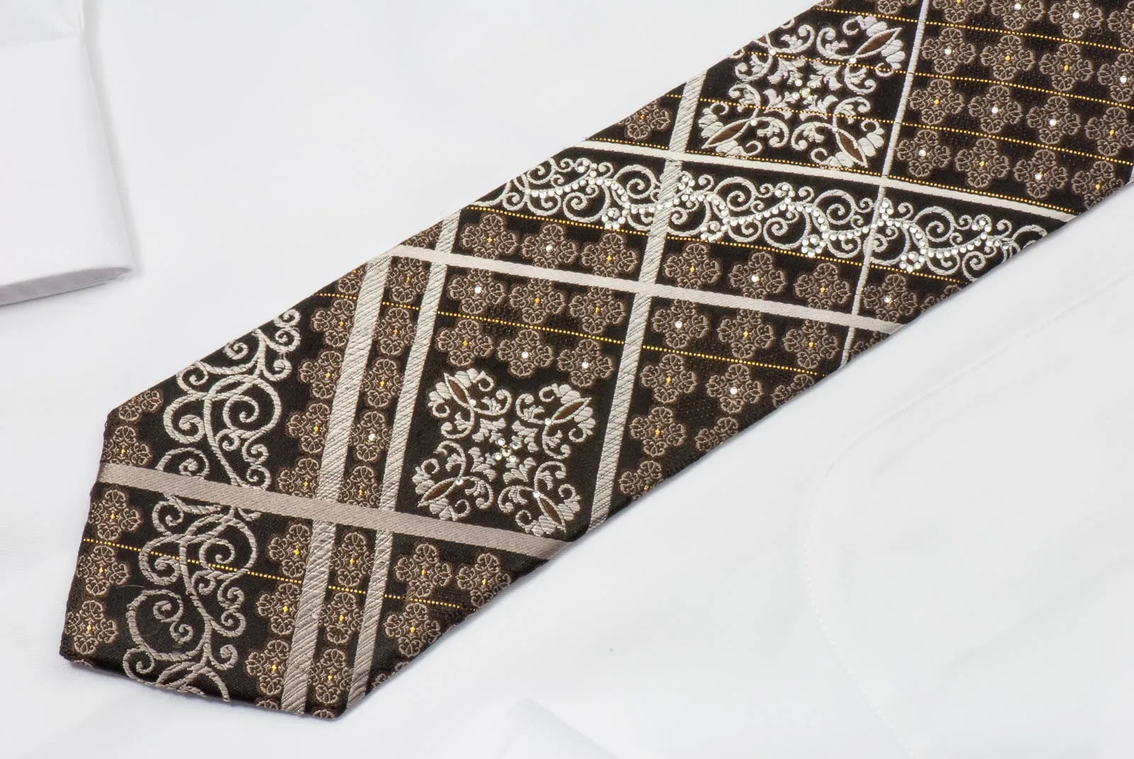 Nicole St Giles Men's Rhinestone Silk Tie Silver Stripes & Damask On Brown With Silver Sparkles