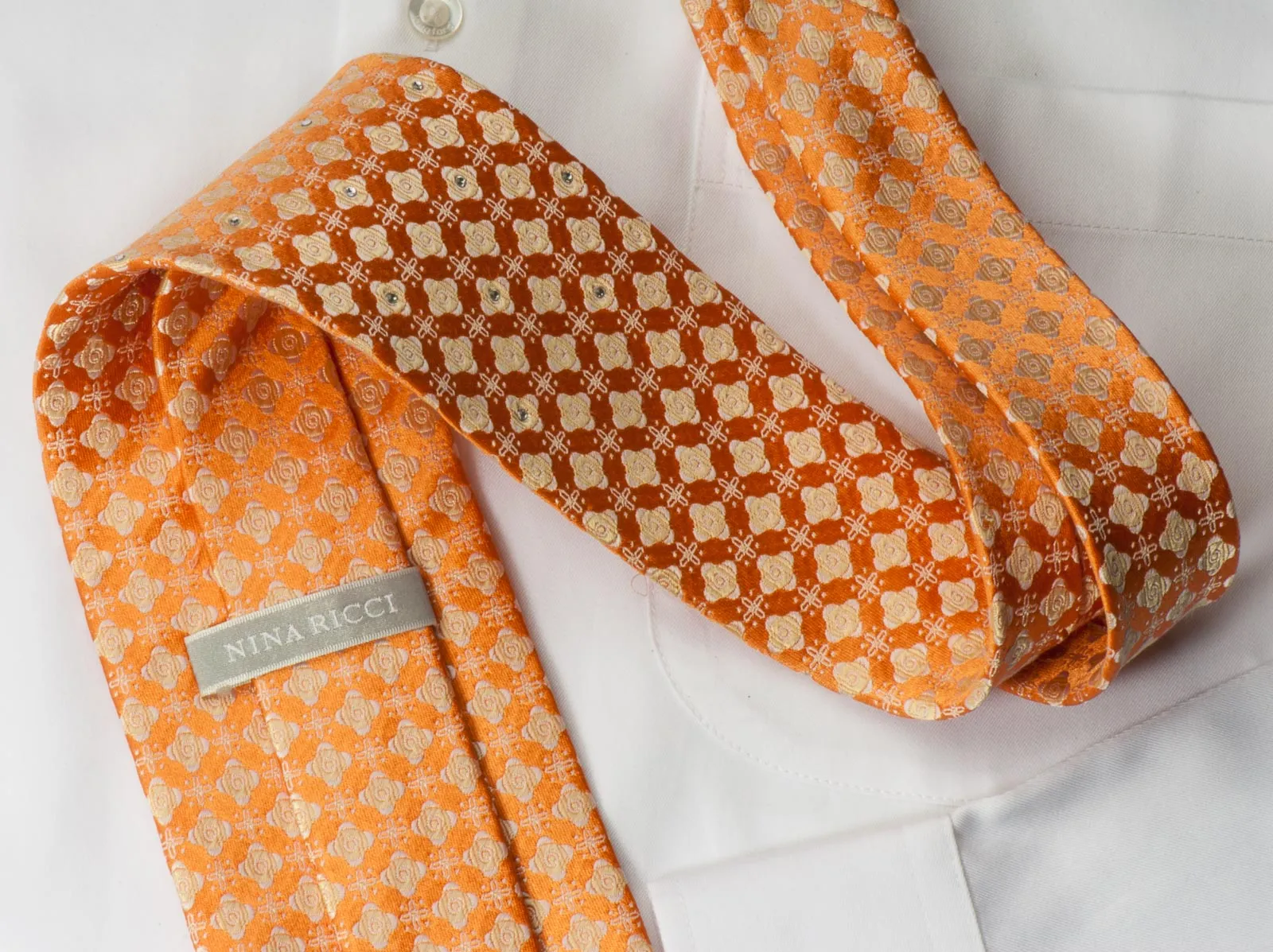 Nina Ricci Silk Necktie Tie Geometric Quatrefoil On Orange With Crystal Rhinestone