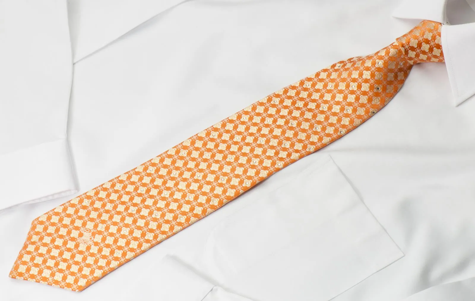 Nina Ricci Silk Necktie Tie Geometric Quatrefoil On Orange With Crystal Rhinestone