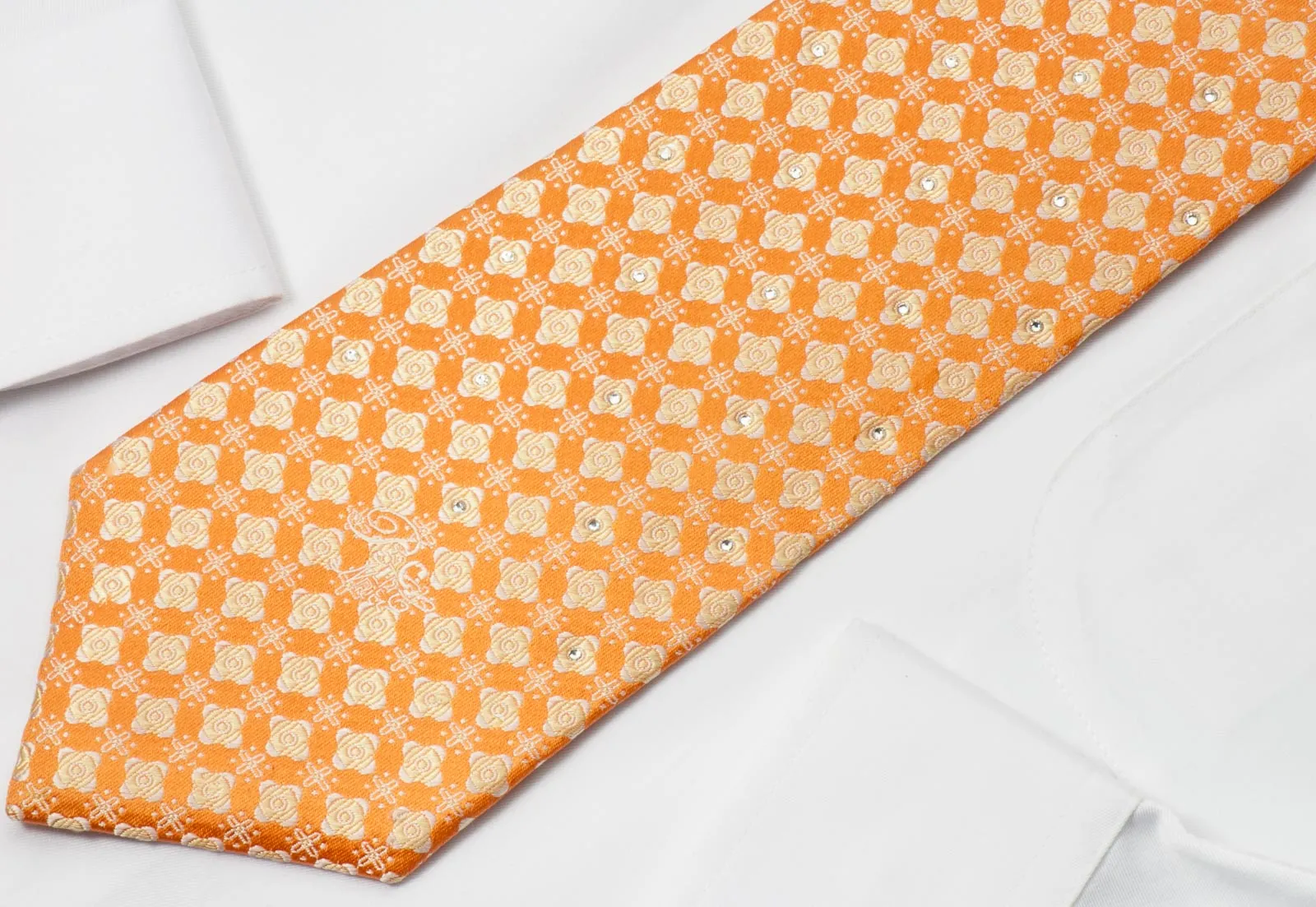 Nina Ricci Silk Necktie Tie Geometric Quatrefoil On Orange With Crystal Rhinestone