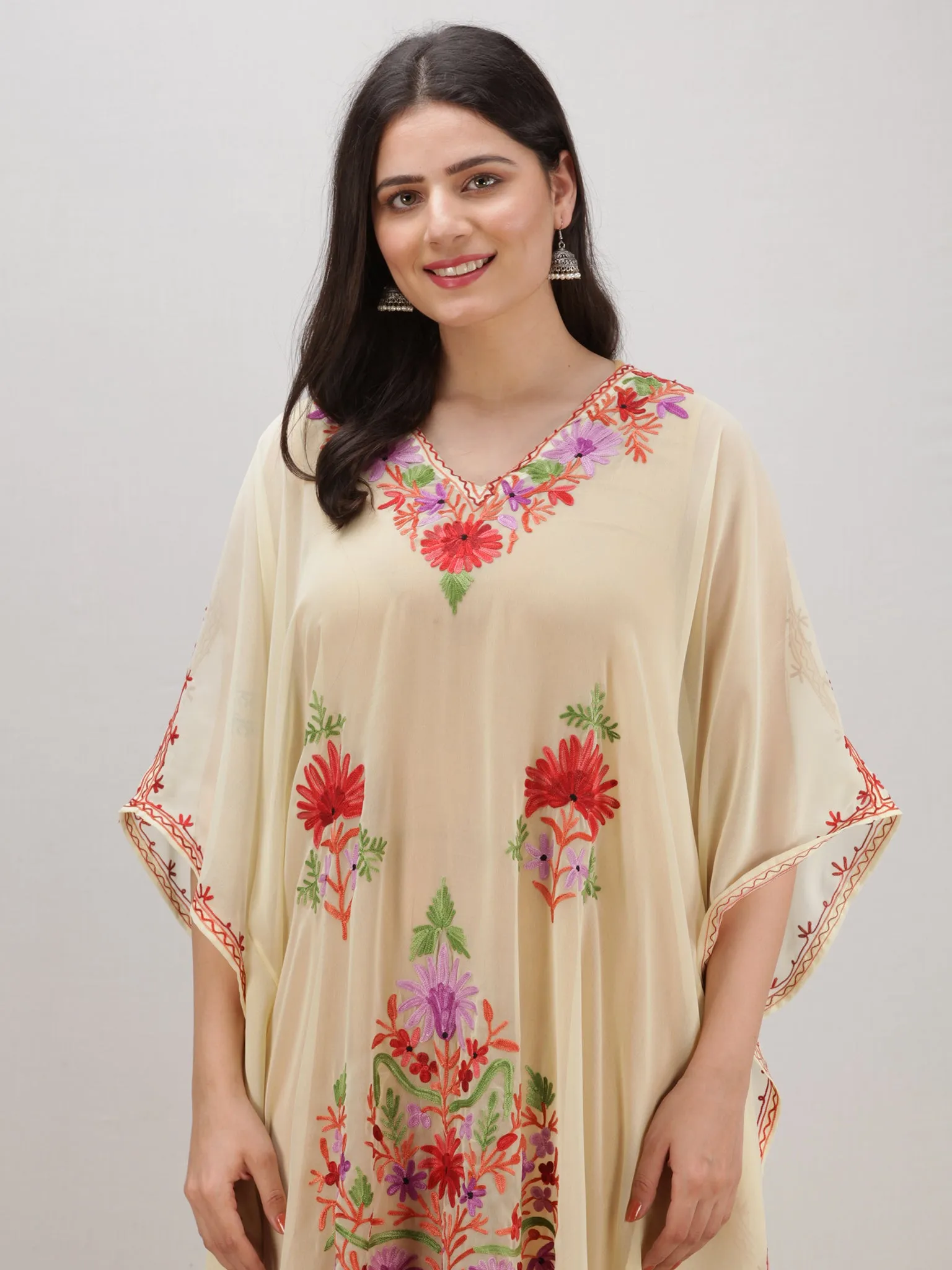 OffWhite Multicolor Aari Embroidered Kashmere Free Size Georgette Kaftan  - K12K001