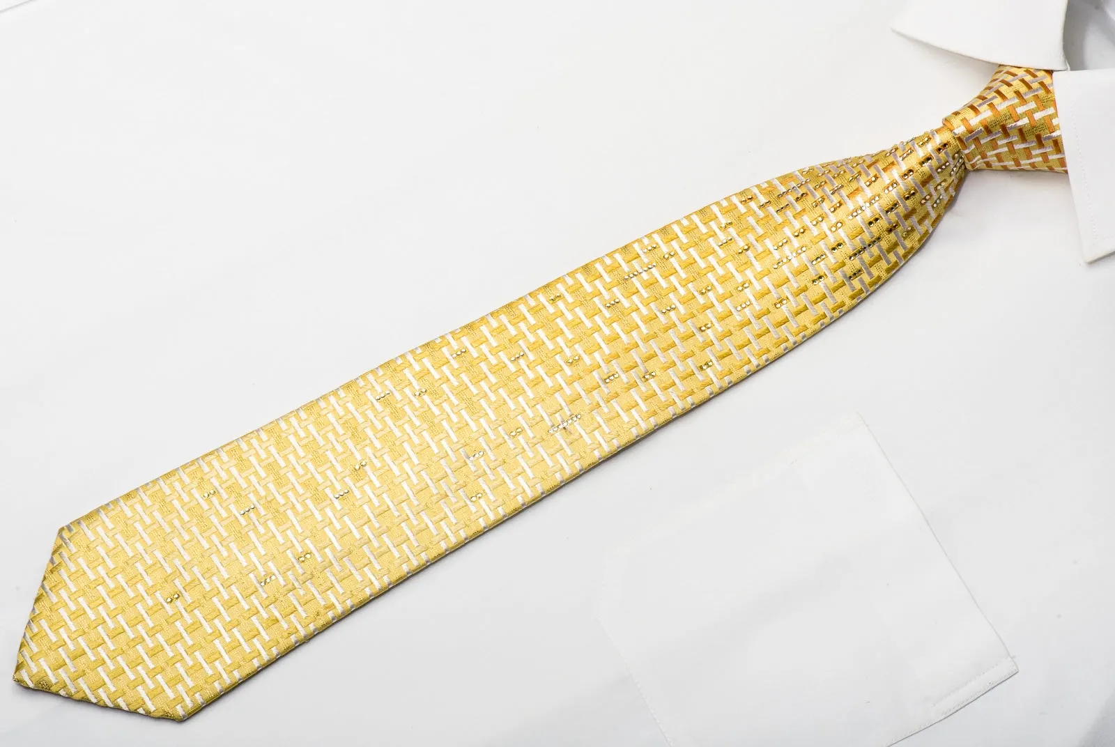 Pierre Cardin Men's Silk Tie Weave On Yellow Sparkling With Rhinestones