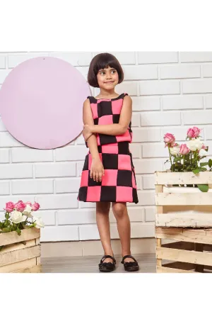 Pink And Black Check Printed Neoprene Top With Skirt Set