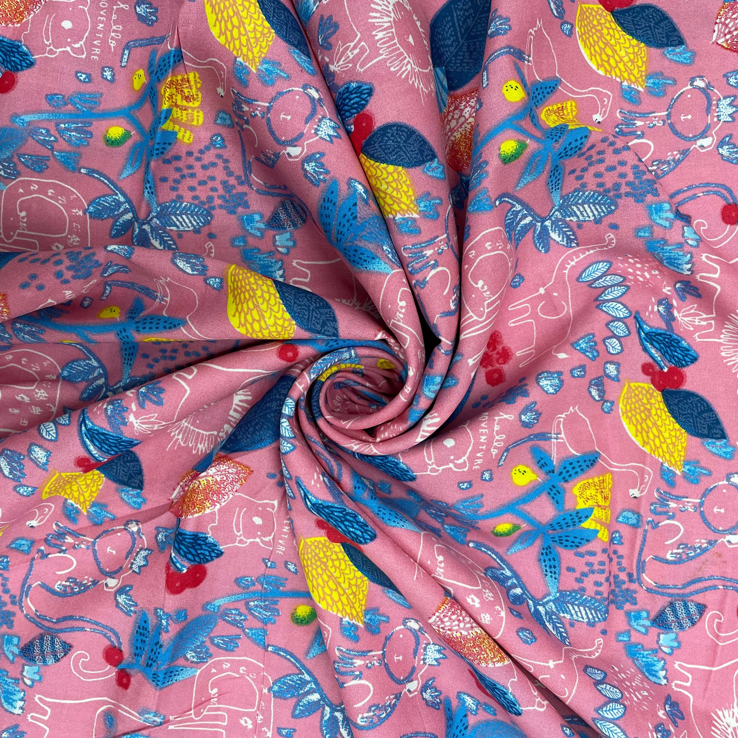 Pink With Blue Floral Print Rayon Fabric