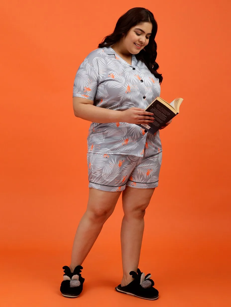 Plus Size Women Tropical Print Satin Shorts Set