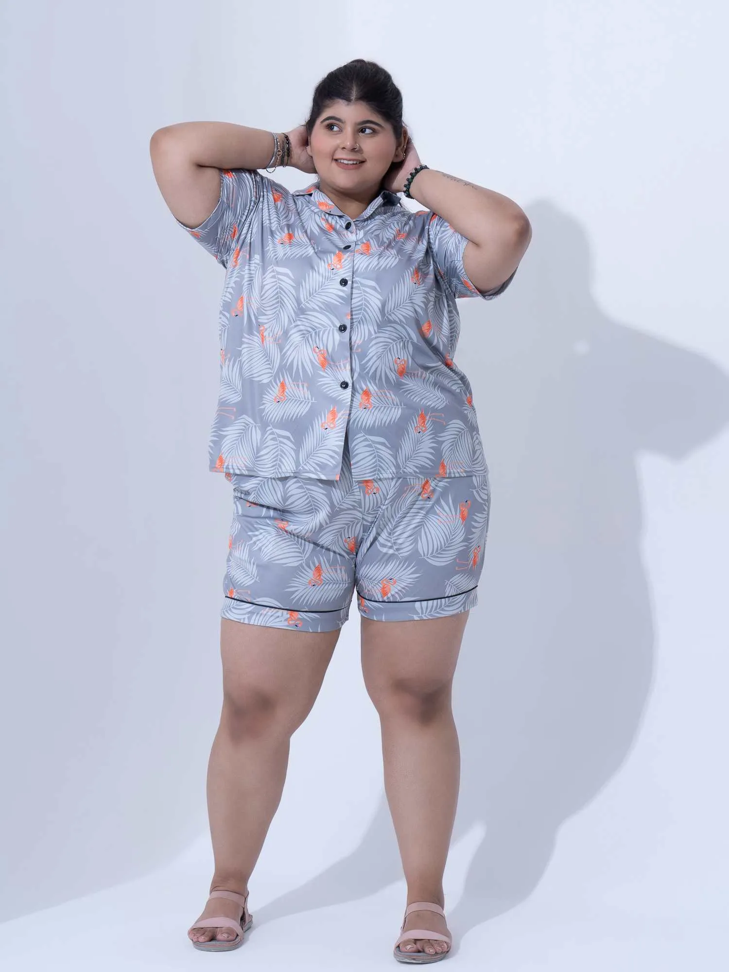 Plus Size Women Tropical Print Satin Shorts Set