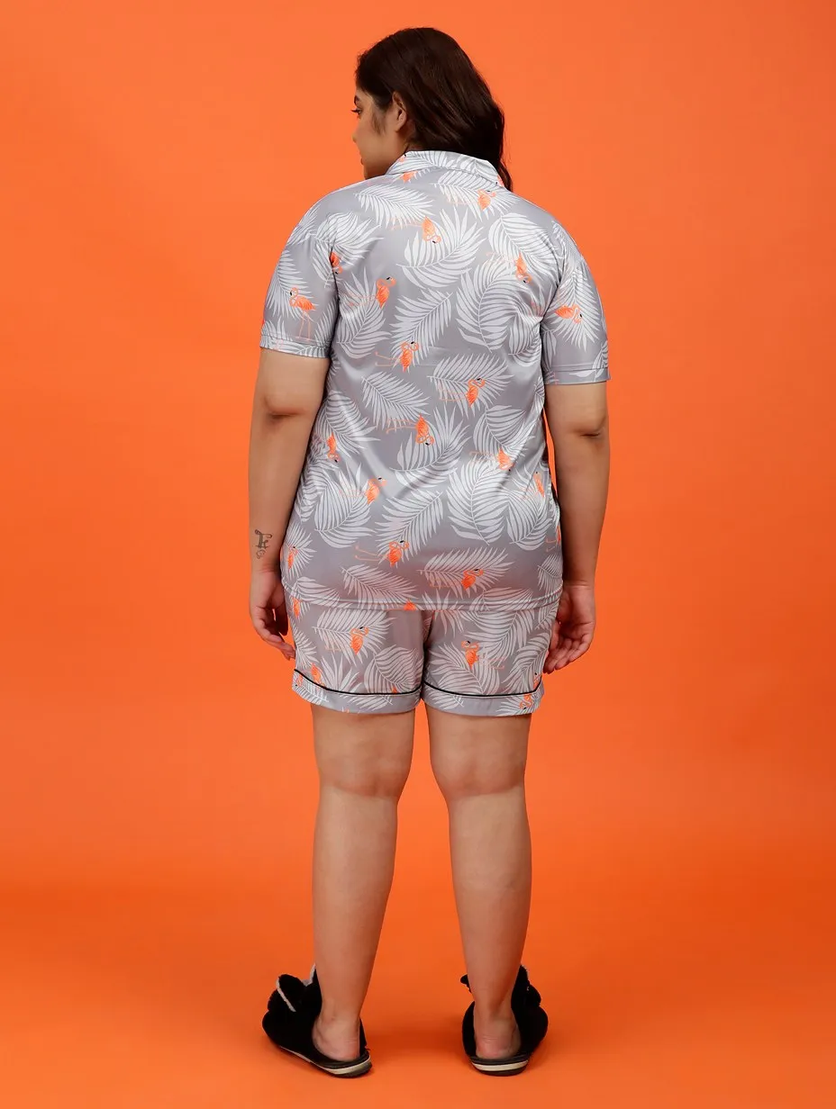 Plus Size Women Tropical Print Satin Shorts Set