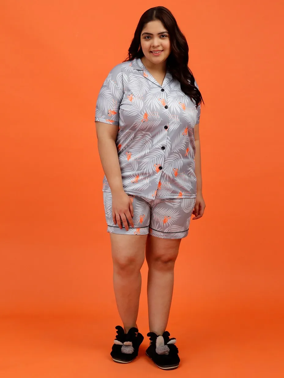 Plus Size Women Tropical Print Satin Shorts Set