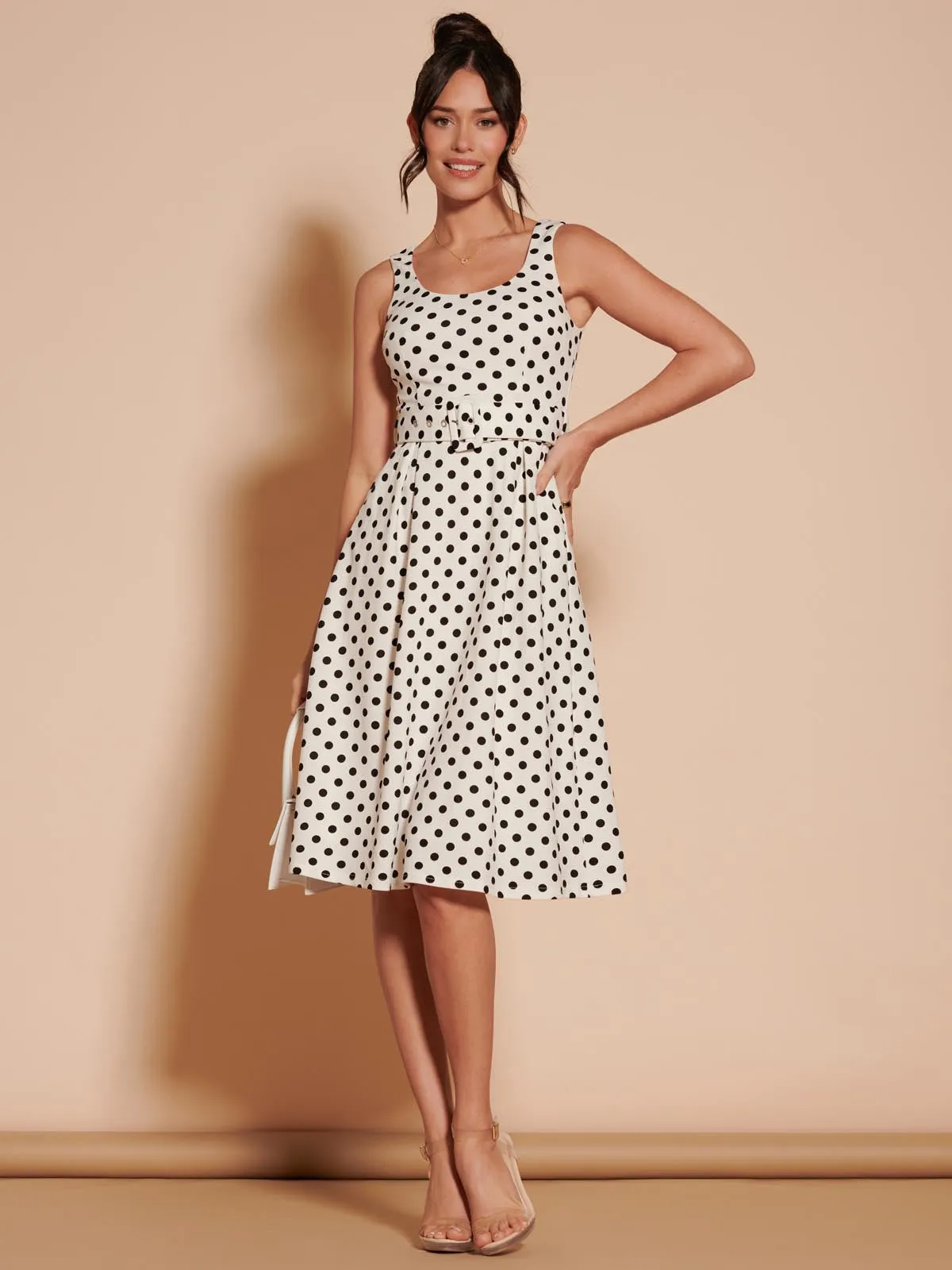 Polka Dot 1950's Inspired Swing Dress, Cream Polka Dot