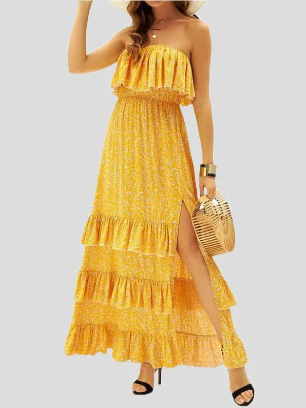 Printed Tube Top Ruffled Slit Dress